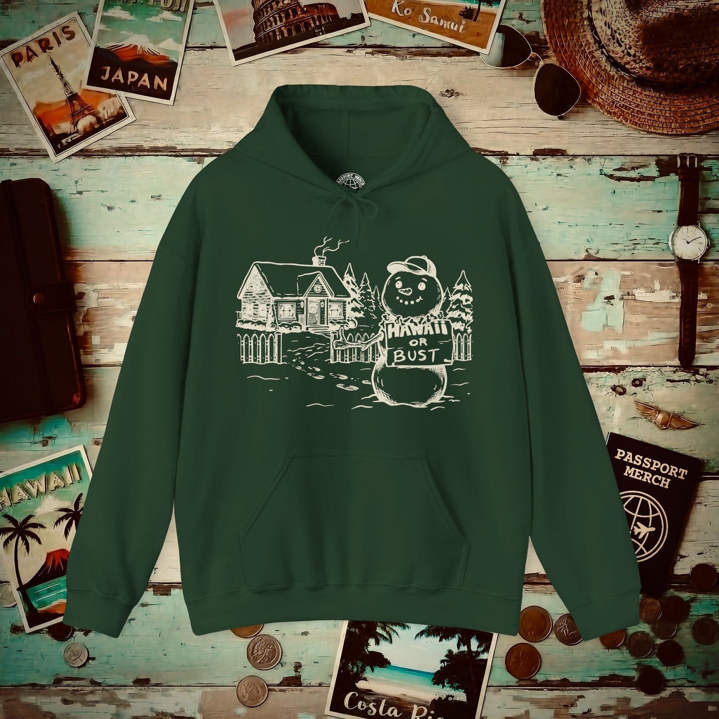 Hawaii Or Bust Snowman Hoodie Forest Green / S