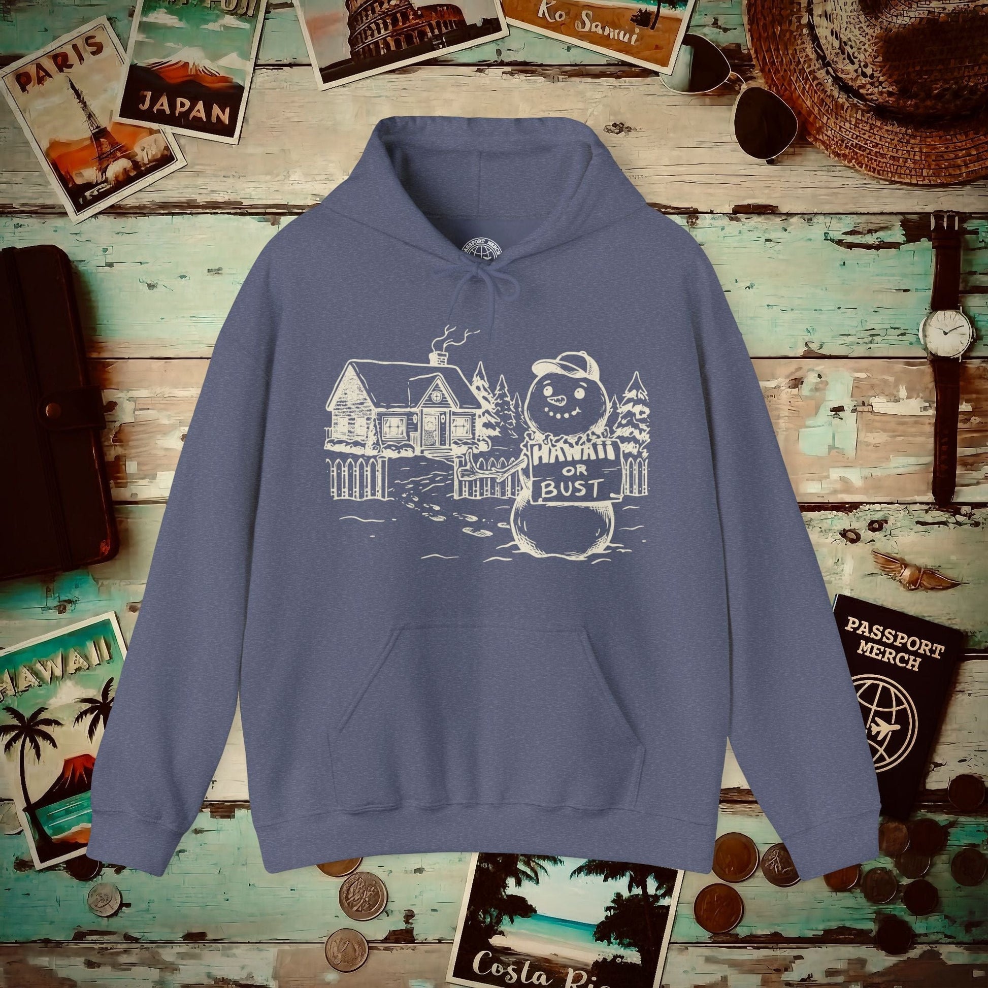 Hawaii Or Bust Snowman Hoodie Heather Navy / S