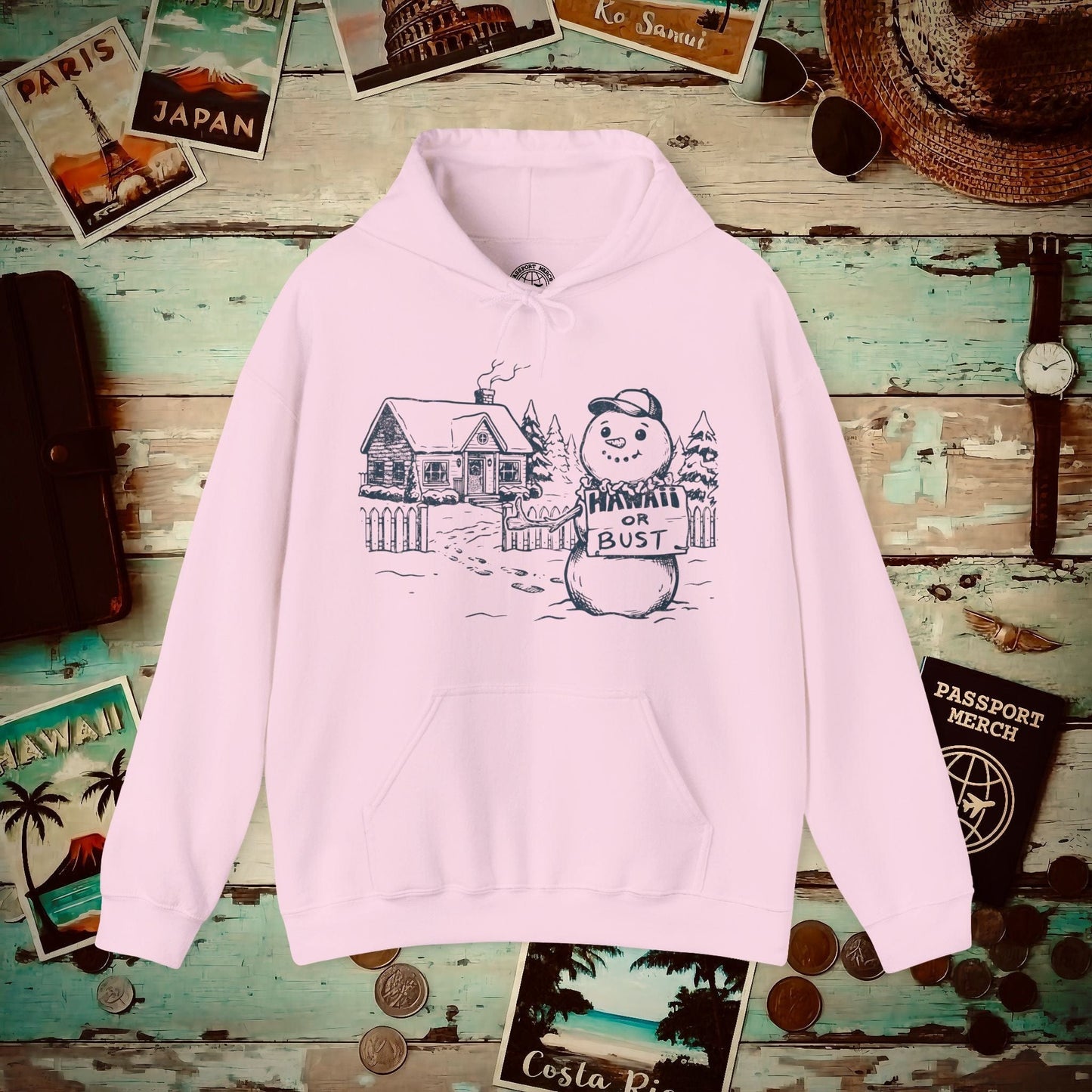 Hawaii Or Bust Snowman Hoodie Light Pink / S