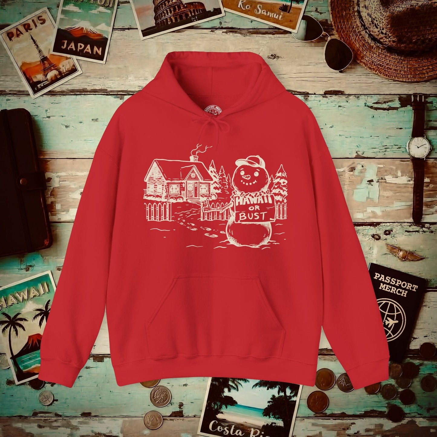 Hawaii Or Bust Snowman Hoodie Red / S