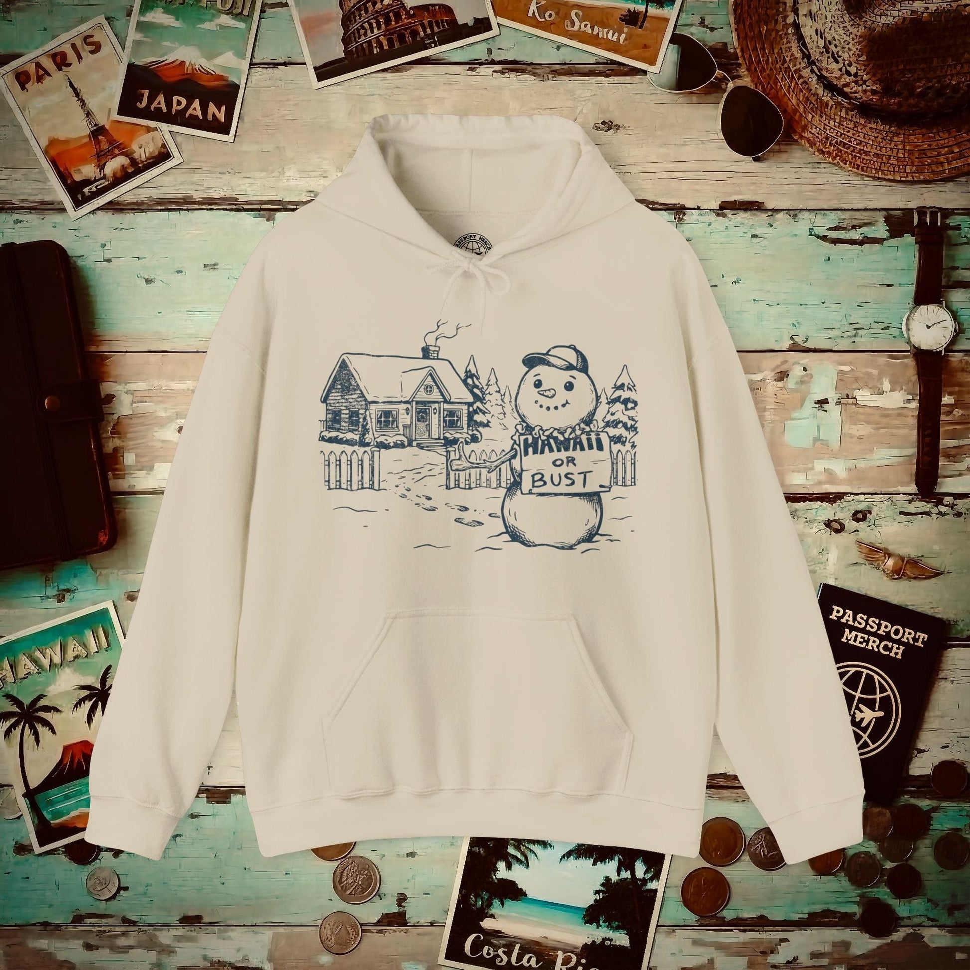 Hawaii Or Bust Snowman Hoodie Sand / S