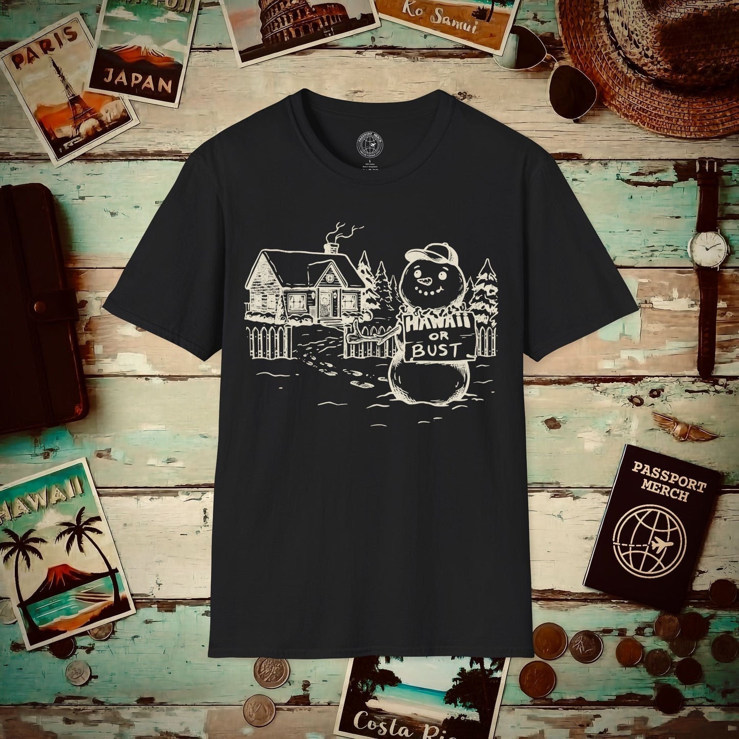 Hawaii Or Bust Snowman T-Shirt Black / S