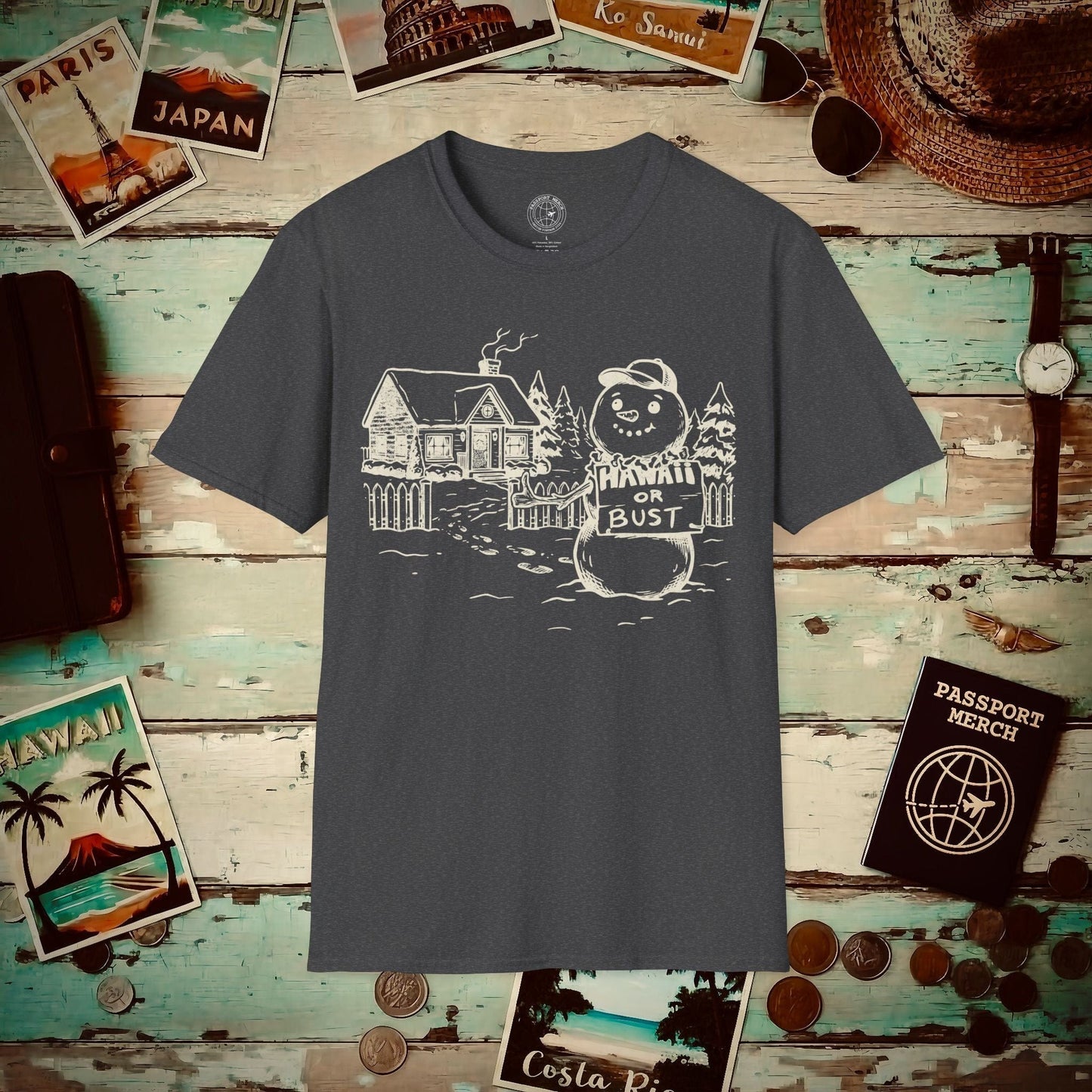 Hawaii Or Bust Snowman T-Shirt Dark Heather / S