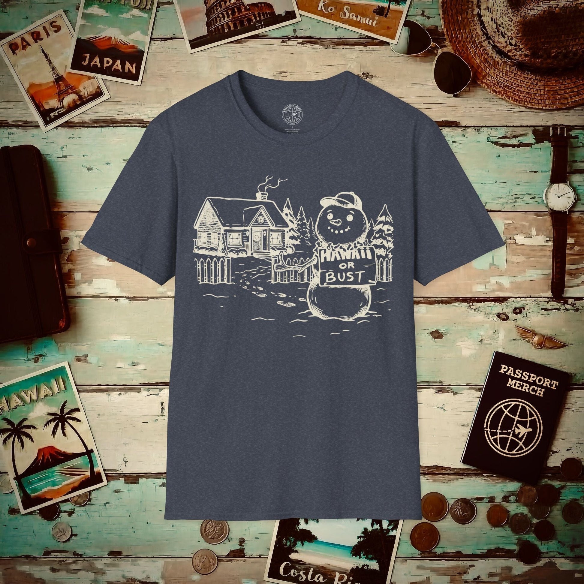 Hawaii Or Bust Snowman T-Shirt Heather Navy / S