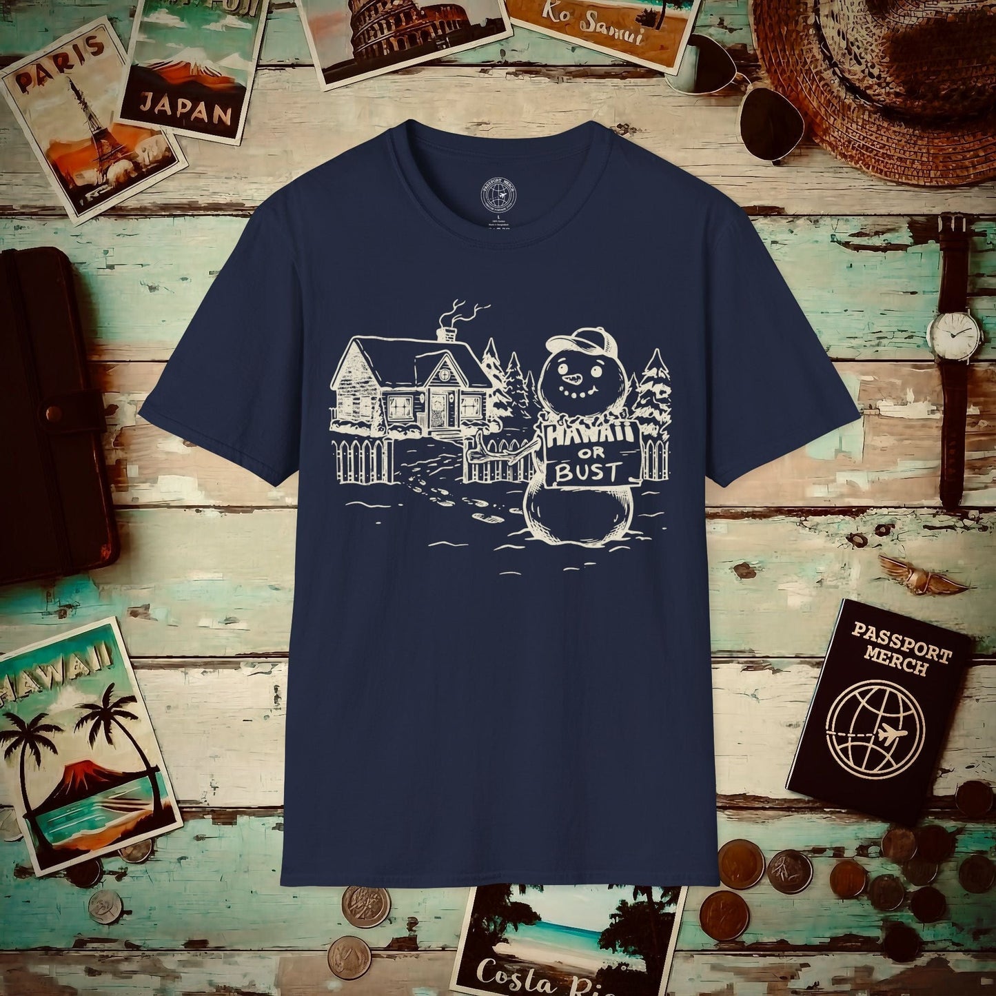 Hawaii Or Bust Snowman T-Shirt Navy / S
