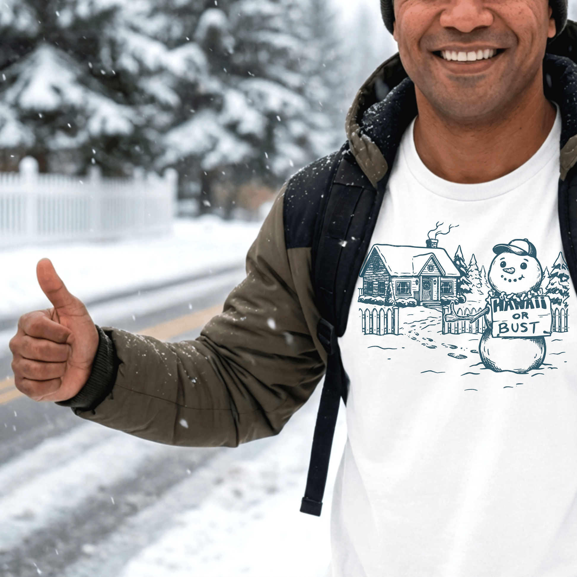 Hawaii Or Bust Snowman T-Shirt White / S