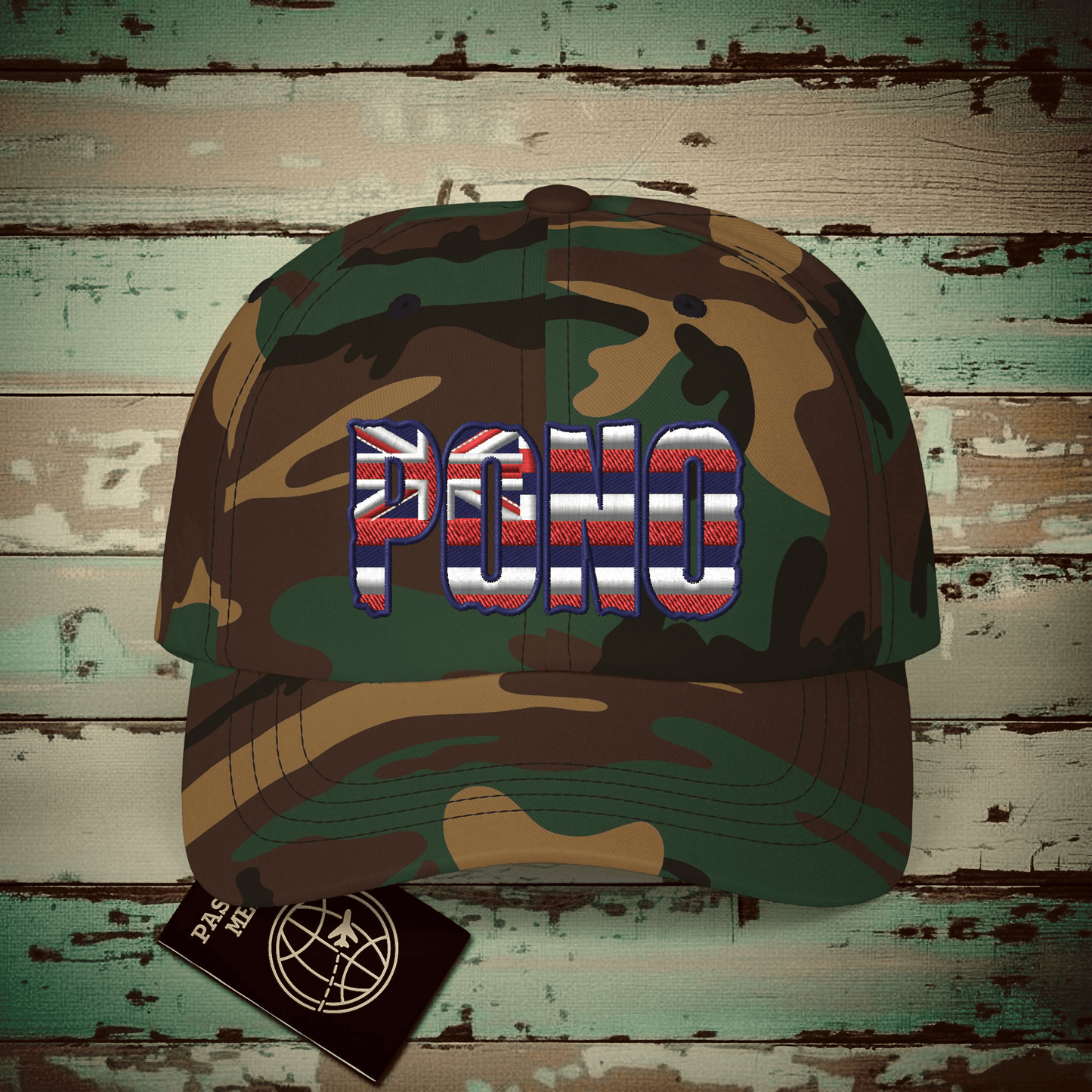 Hawaii Pono Letter Flag Embroidered Hat Green Camo / One size