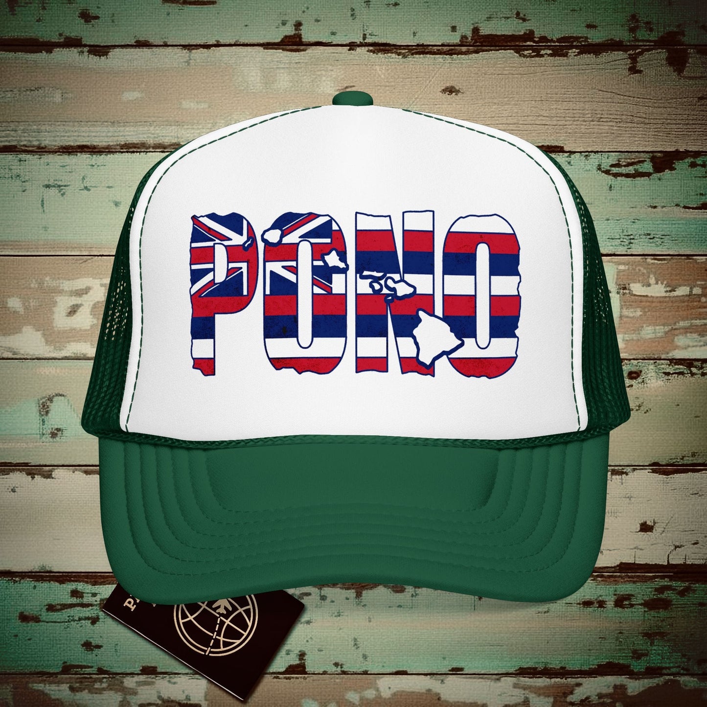Hawaii Pono Letter Flag Trucker Hat Kelly/ White/ Kelly / One size