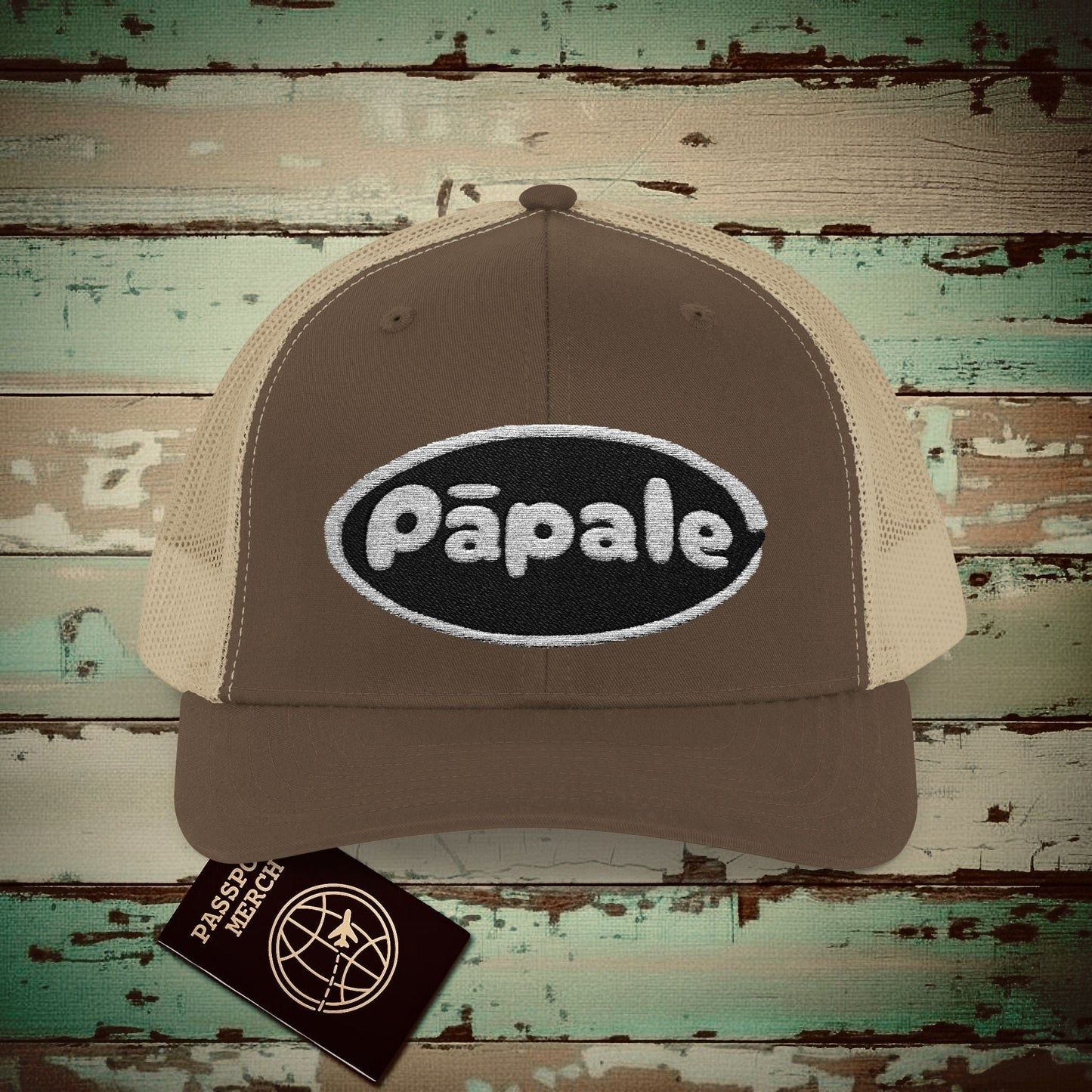 Hawaiian Language Embroidered Trucker Hat that says Hat (Papale) Brown / Khaki / One size