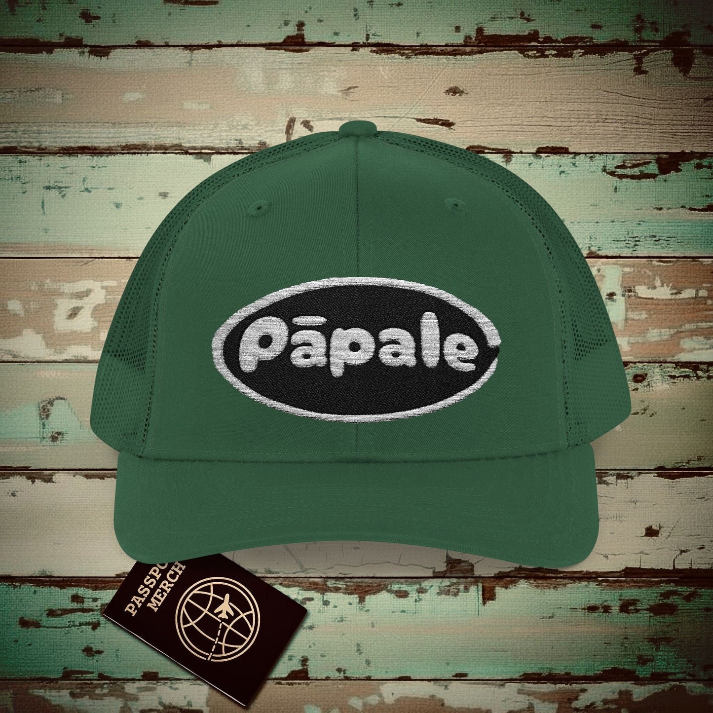 Hawaiian Language Embroidered Trucker Hat that says Hat (Papale) Evergreen / One size