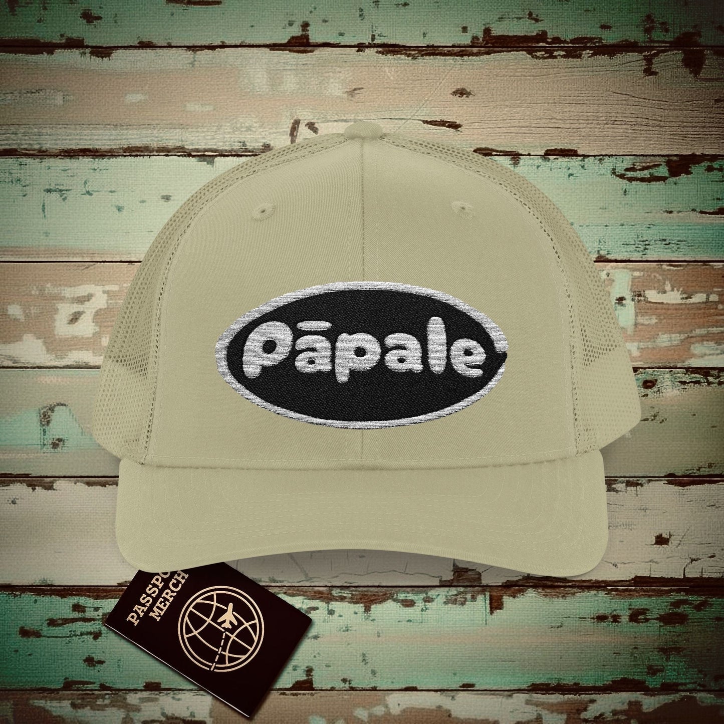 Hawaiian Language Embroidered Trucker Hat that says Hat (Papale) Khaki / One size