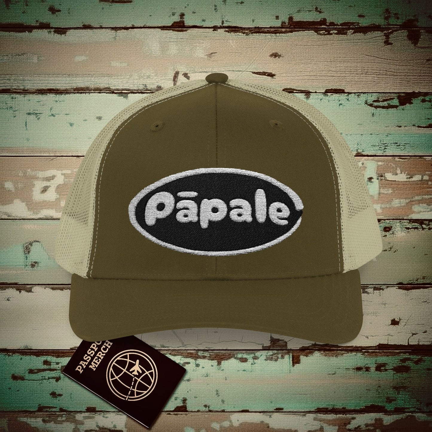 Hawaiian Language Embroidered Trucker Hat that says Hat (Papale) Moss / Khaki / One size