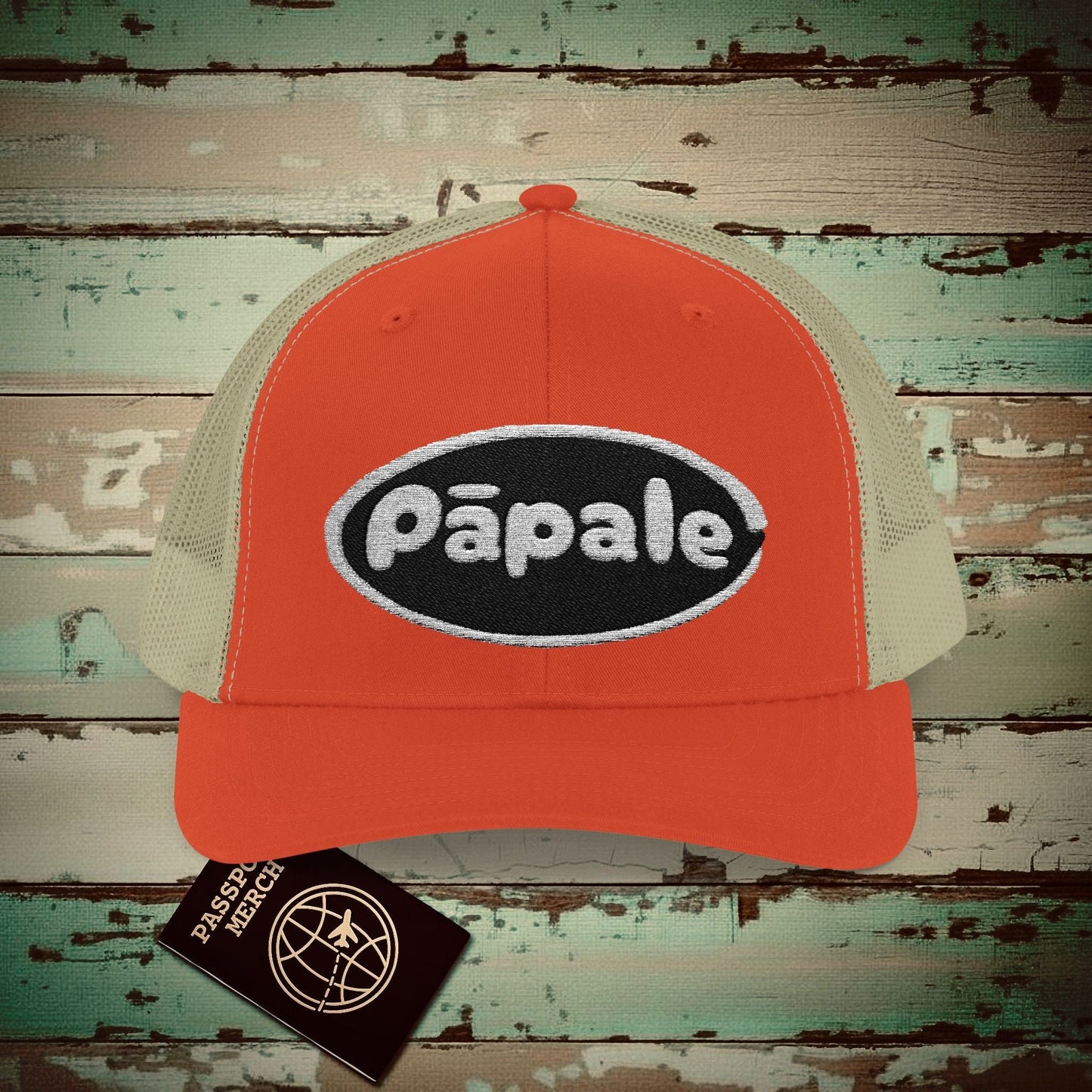Hawaiian Language Embroidered Trucker Hat that says Hat (Papale) Rustic Orange / Khaki / One size
