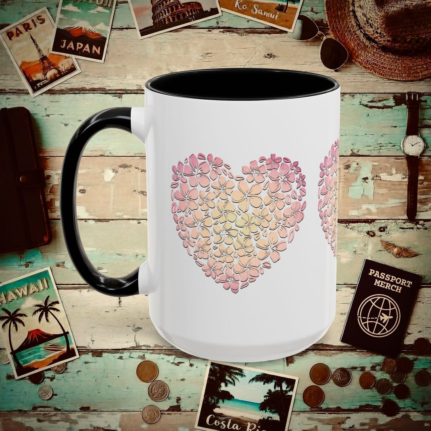 Hawaiian Plumeria Heart 15oz Mug Black / 15oz