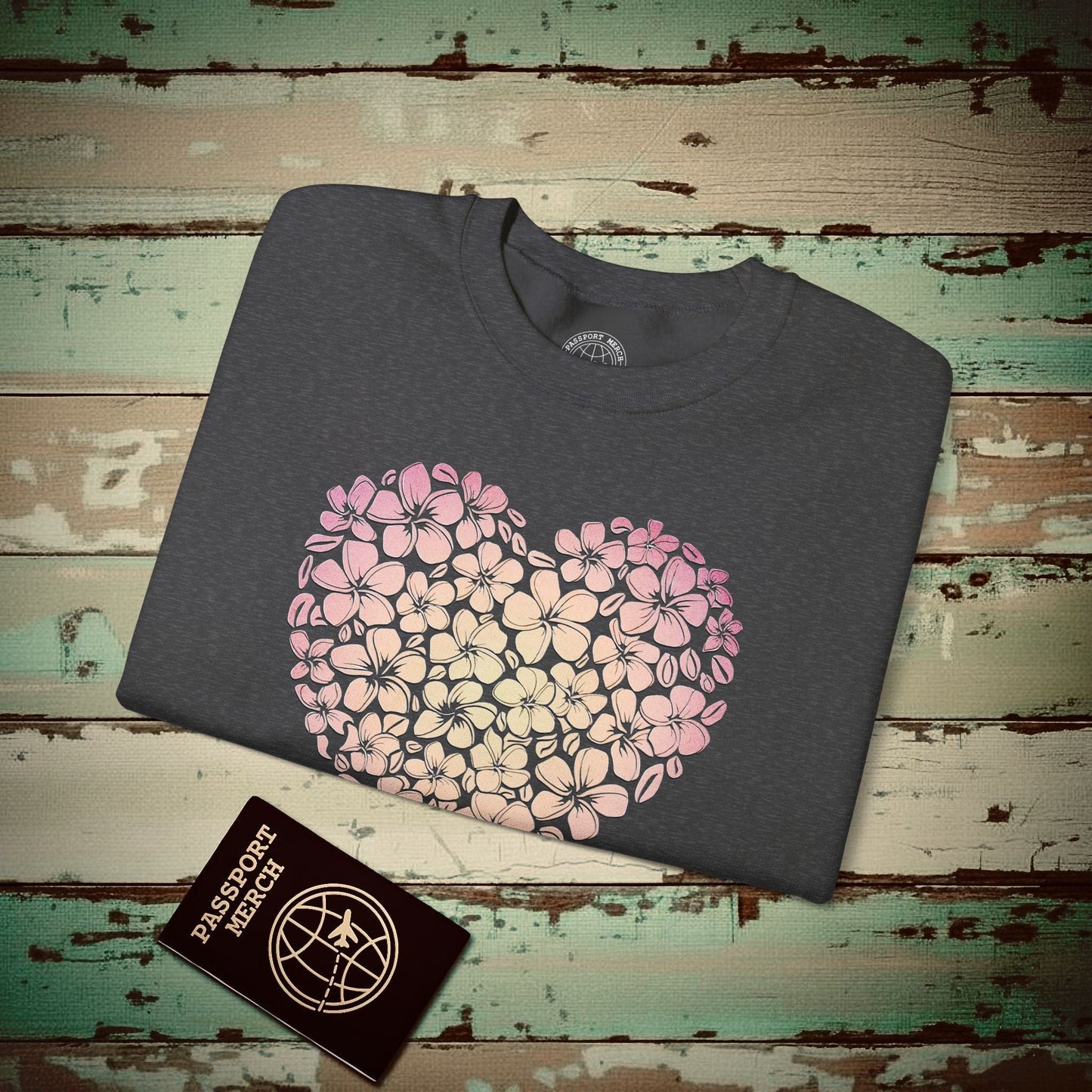 Hawaiian Plumeria Heart Crewneck Dark Heather / S