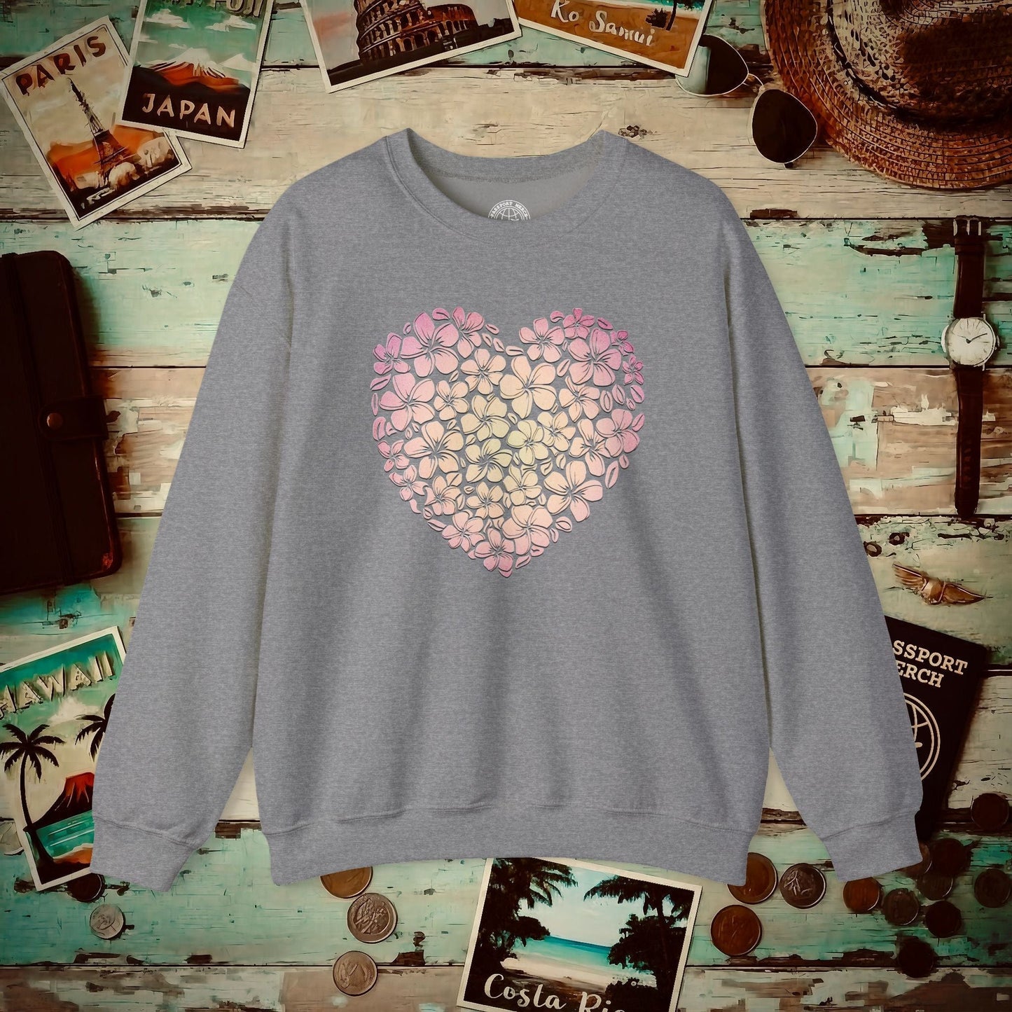 Hawaiian Plumeria Heart Crewneck Graphite Heather / S