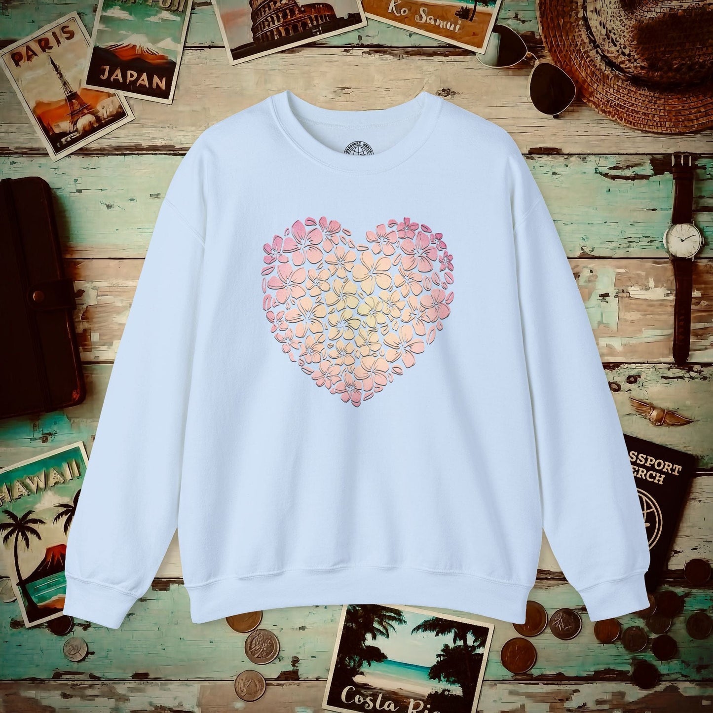 Hawaiian Plumeria Heart Crewneck Light Blue / S
