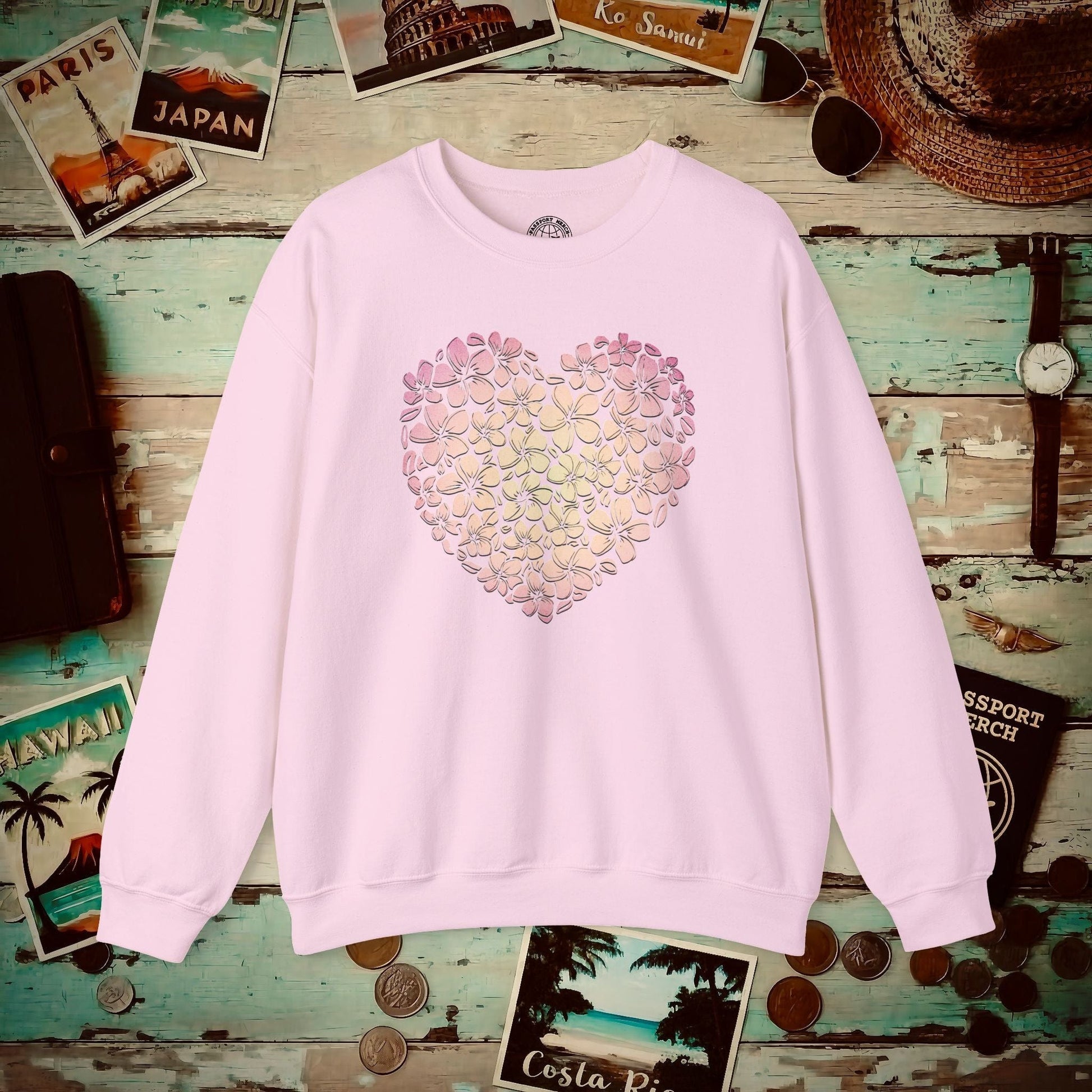 Hawaiian Plumeria Heart Crewneck Light Pink / S