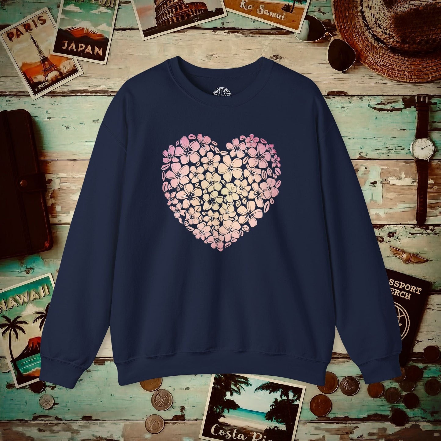Hawaiian Plumeria Heart Crewneck Navy / S