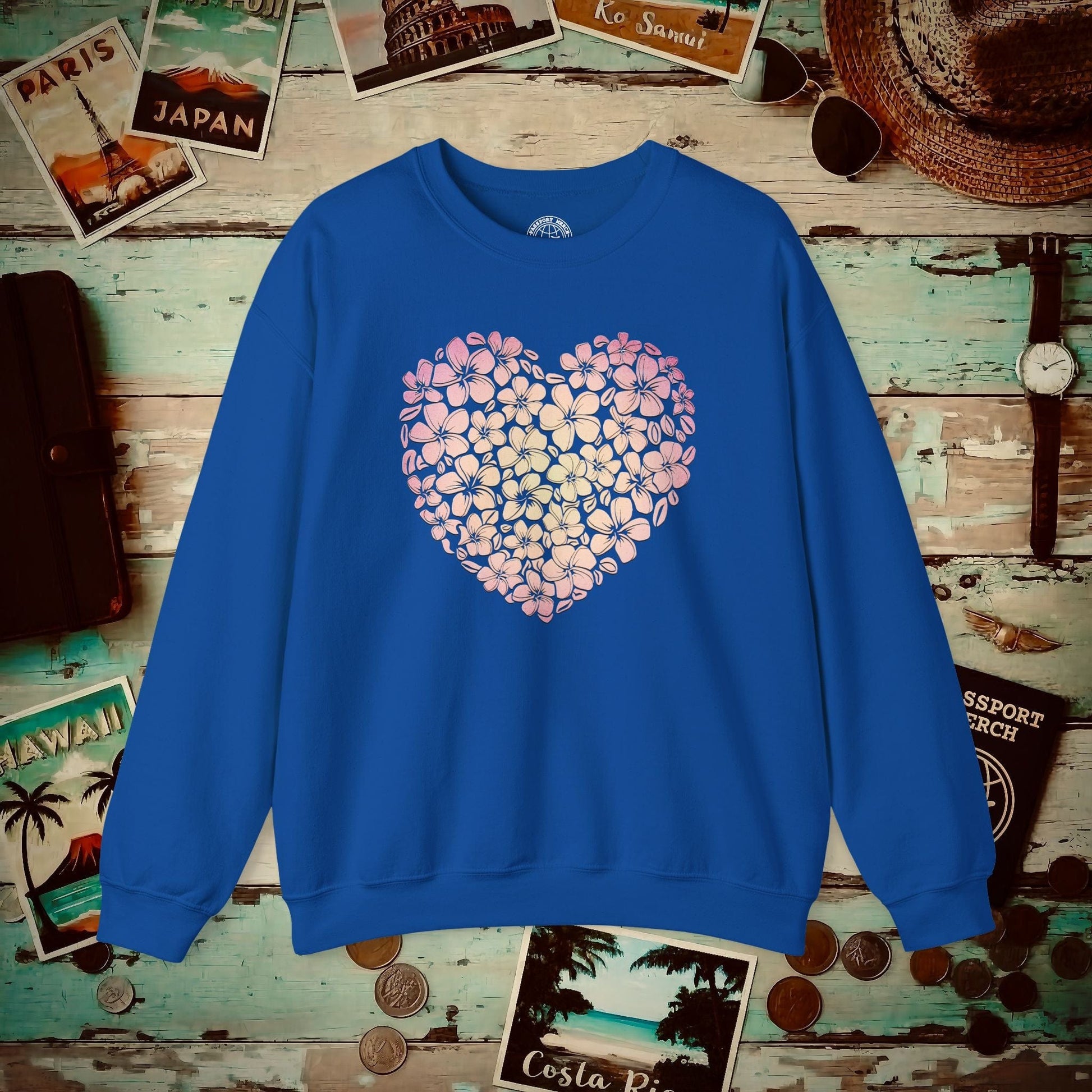 Hawaiian Plumeria Heart Crewneck Royal / S