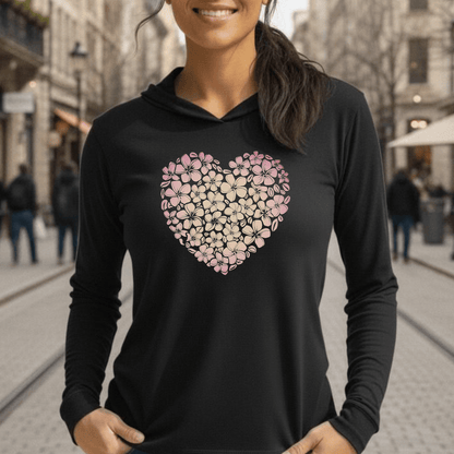 Hawaiian Plumeria Heart Hooded Long Sleeve Black / S