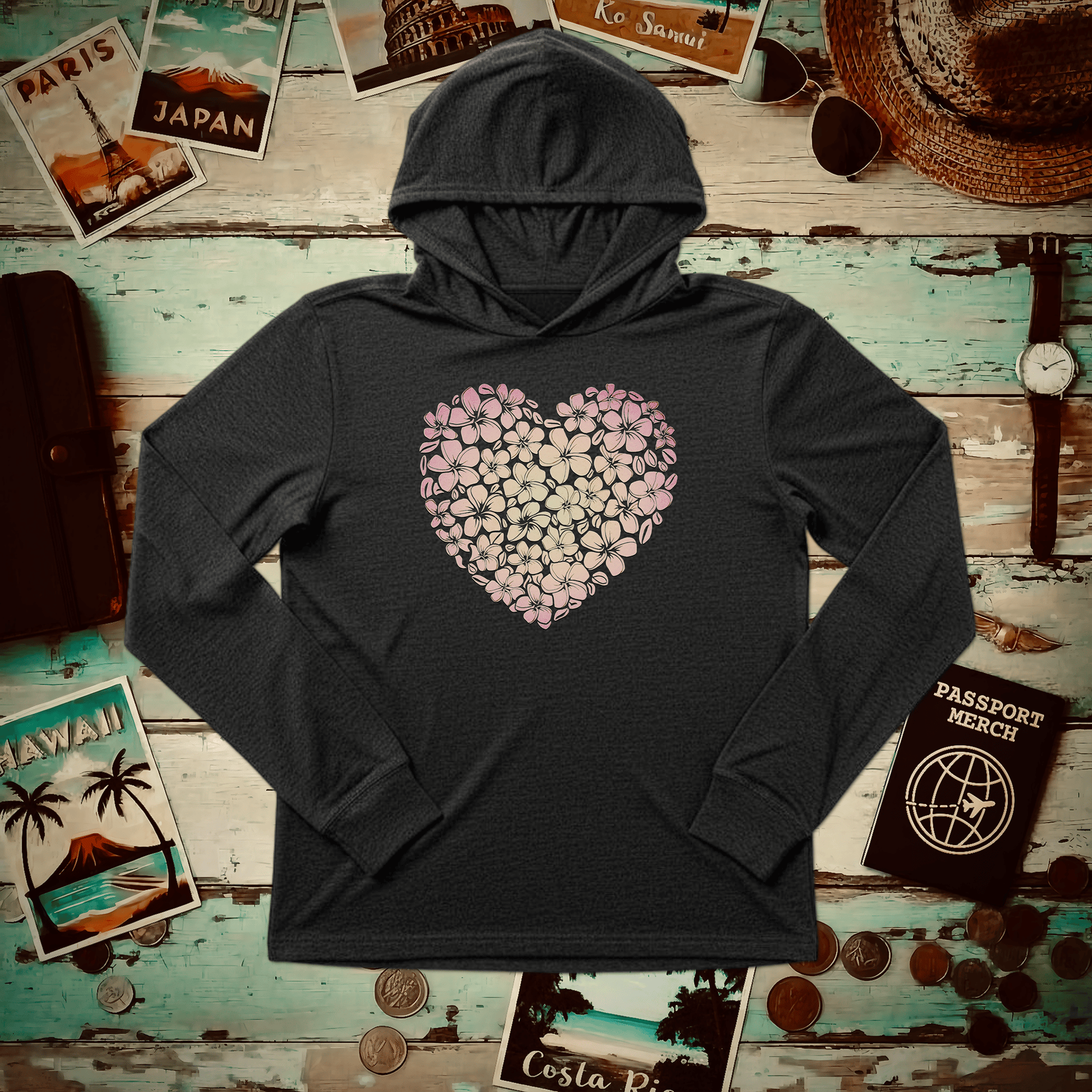 Hawaiian Plumeria Heart Hooded Long Sleeve Charcoal Black TriBlend / XS
