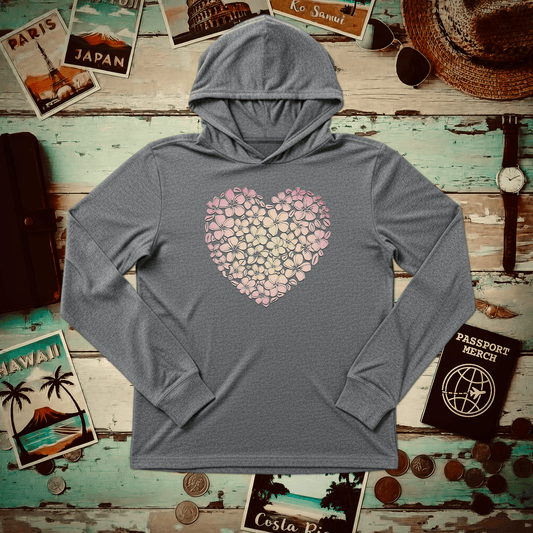 Hawaiian Plumeria Heart Hooded Long Sleeve Grey TriBlend / XS