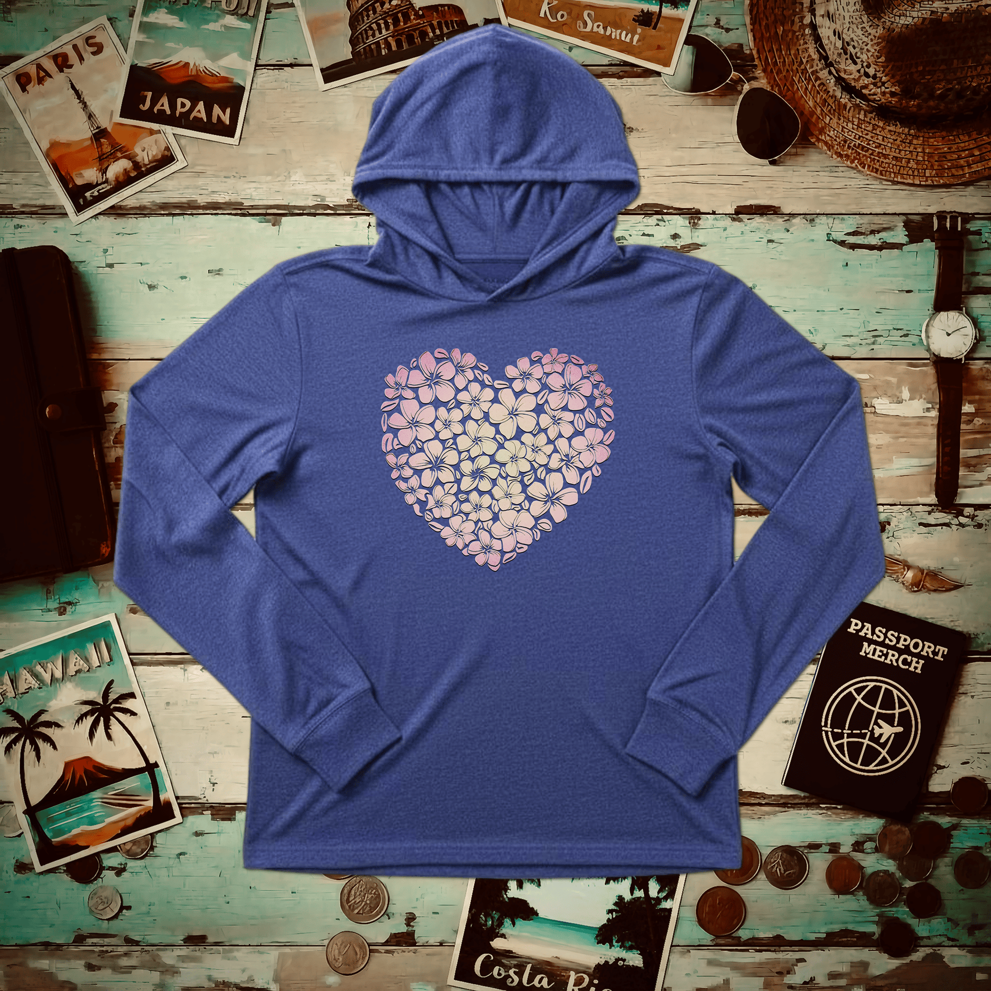 Hawaiian Plumeria Heart Hooded Long Sleeve Heather True Royal / XS