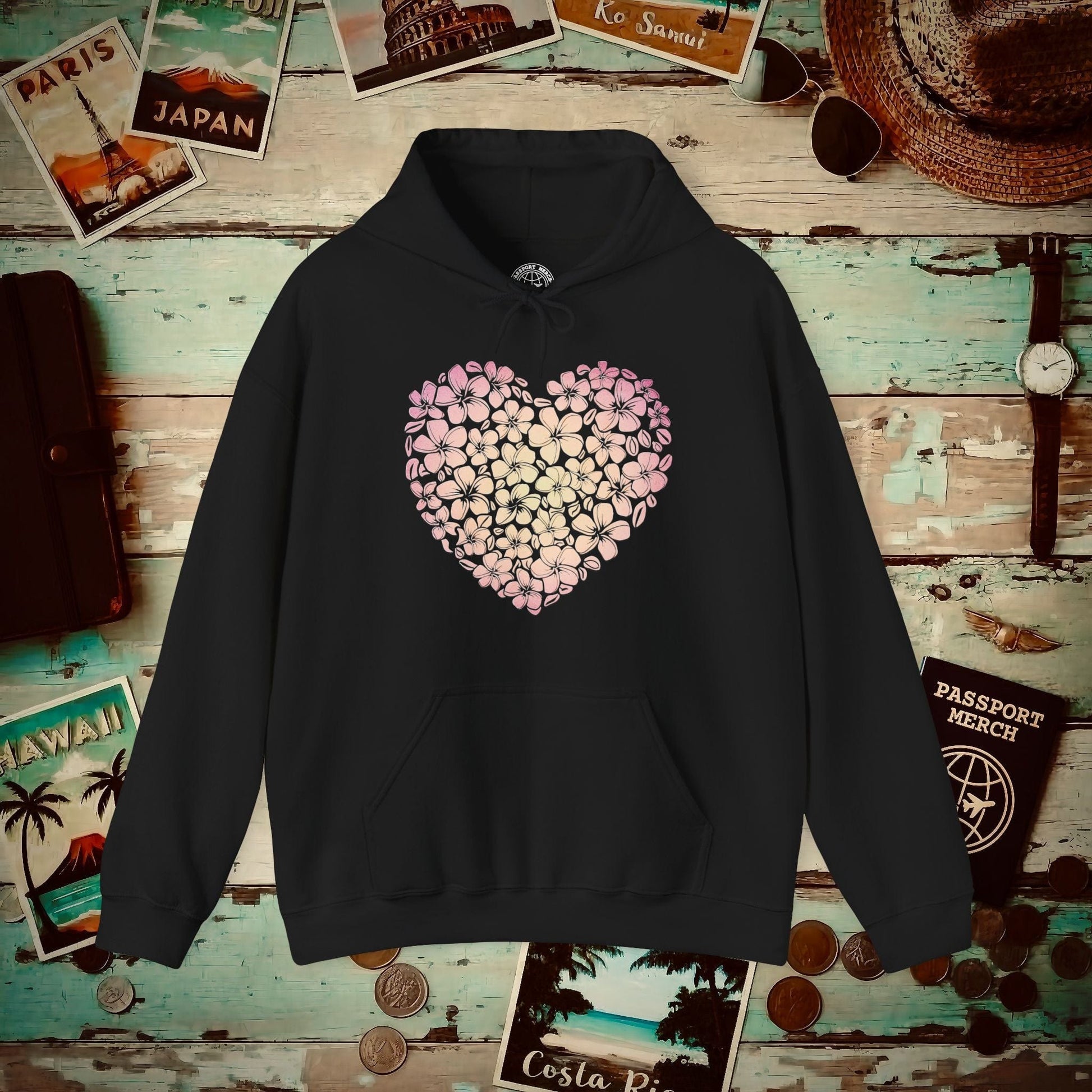 Hawaiian Plumeria Heart Hoodie Black / S