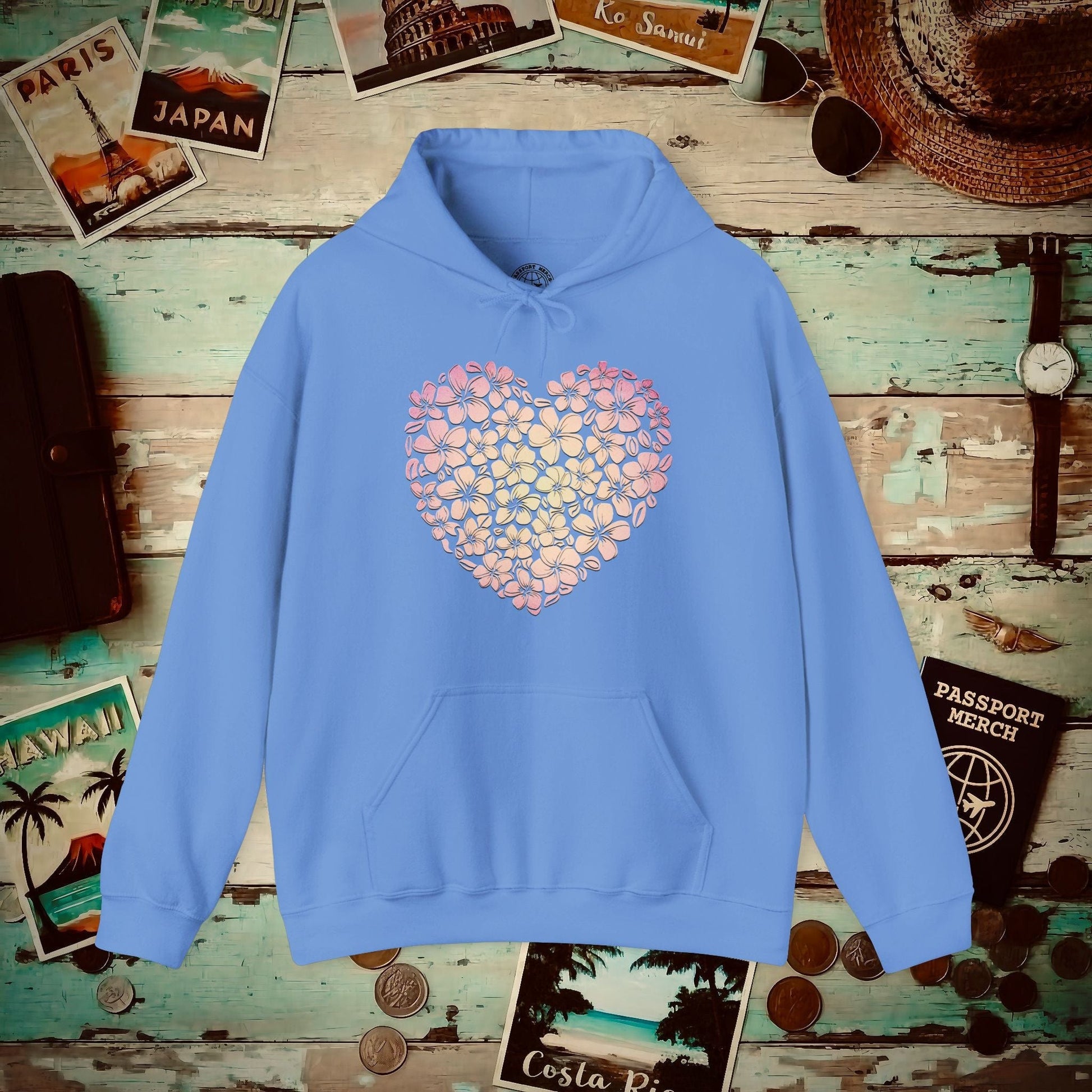 Hawaiian Plumeria Heart Hoodie Carolina Blue / S