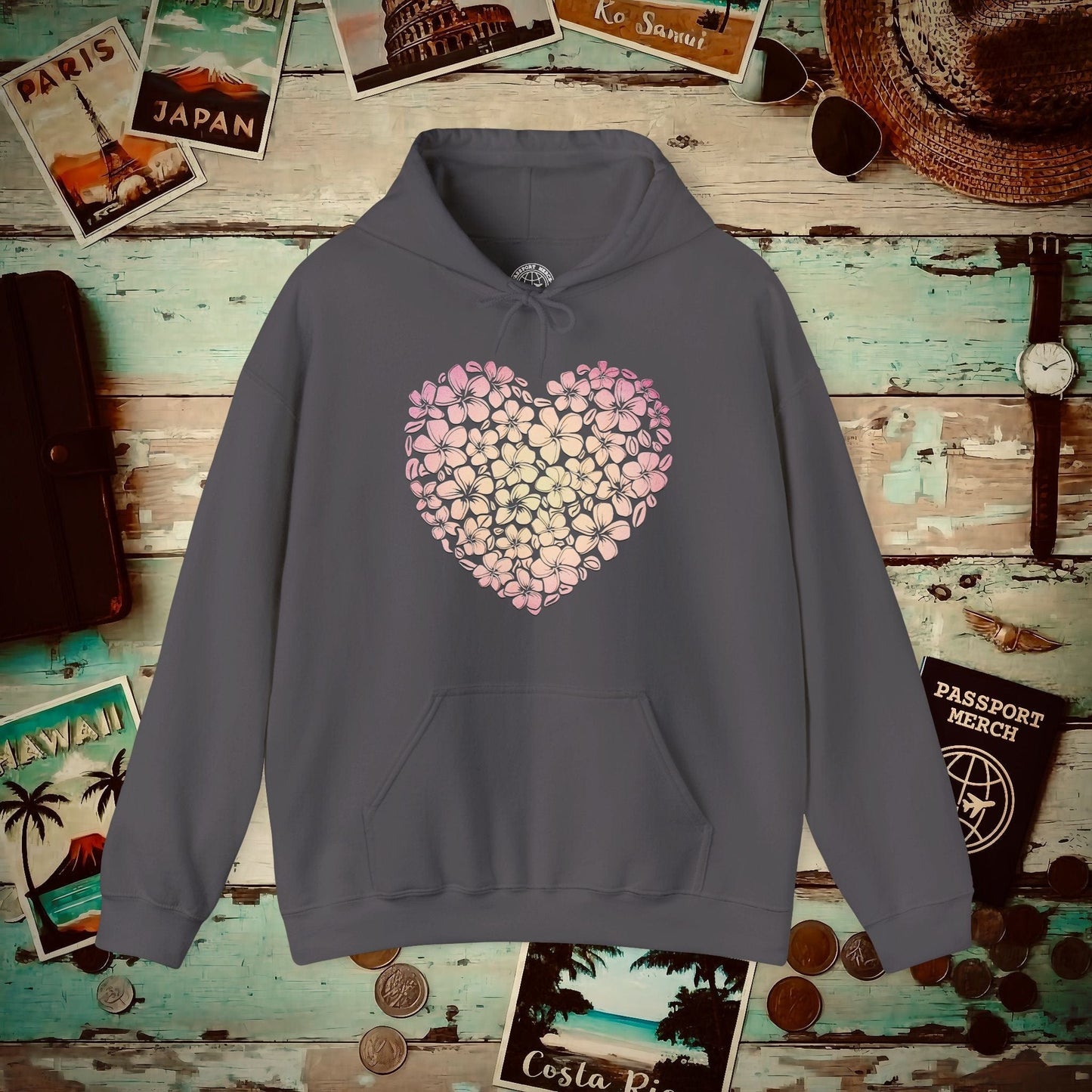 Hawaiian Plumeria Heart Hoodie Charcoal / S
