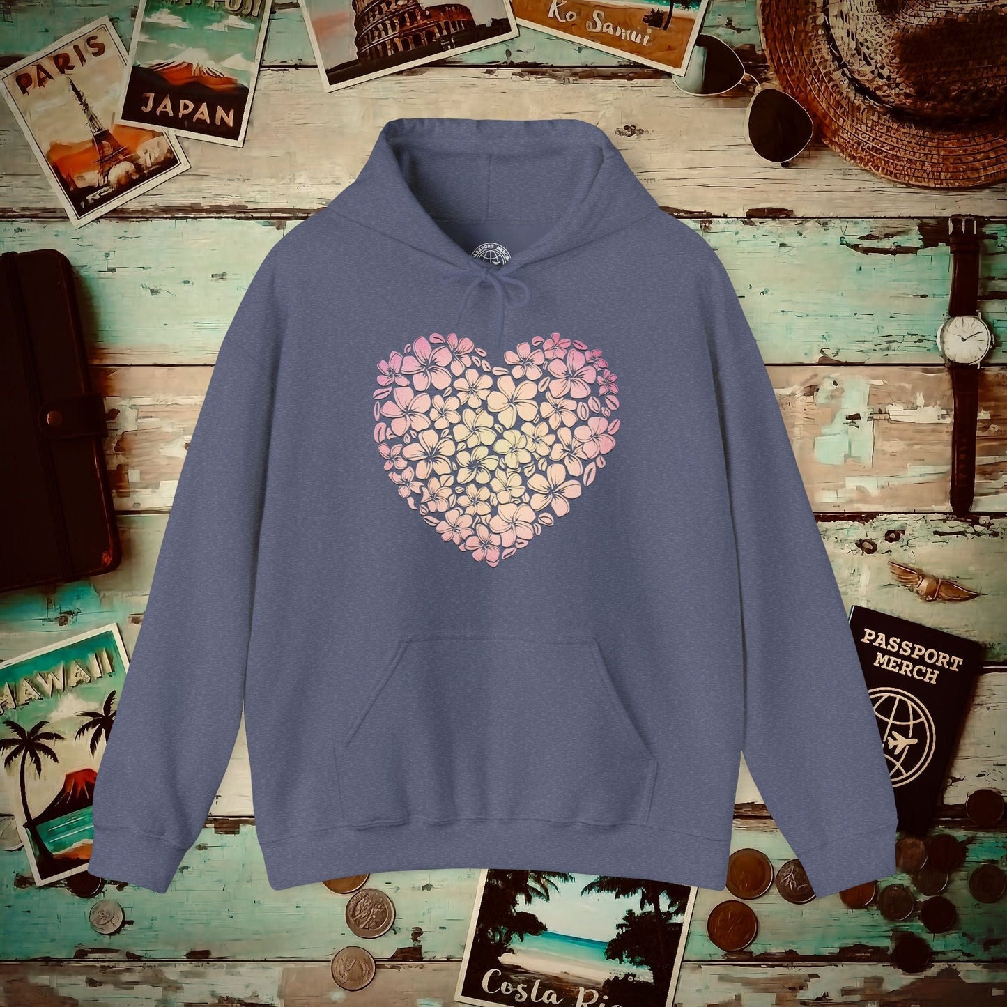 Hawaiian Plumeria Heart Hoodie Heather Navy / S