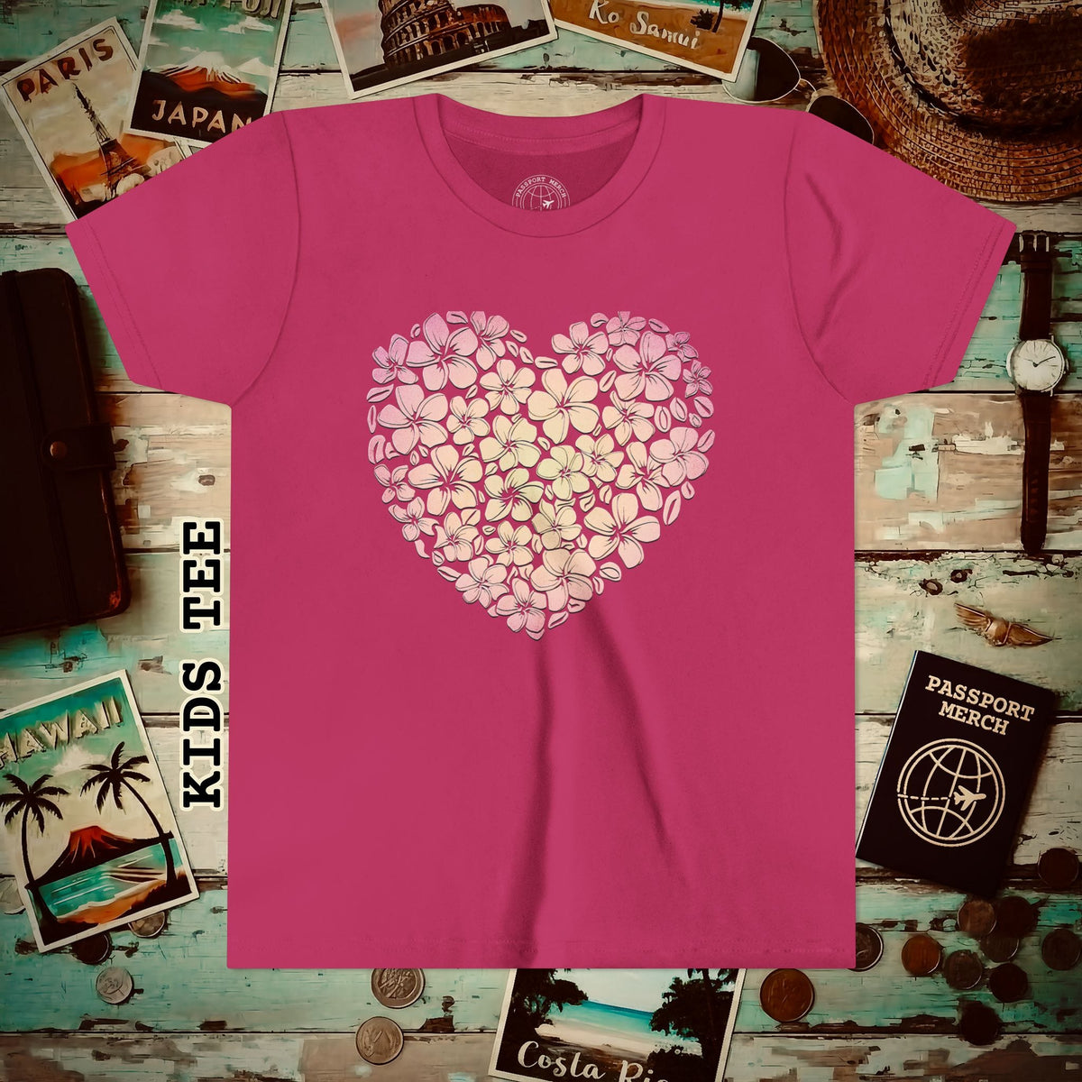 Hawaiian Plumeria Heart Kids Tee Berry / S