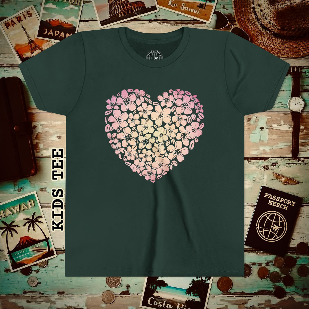 Hawaiian Plumeria Heart Kids Tee Forest / S