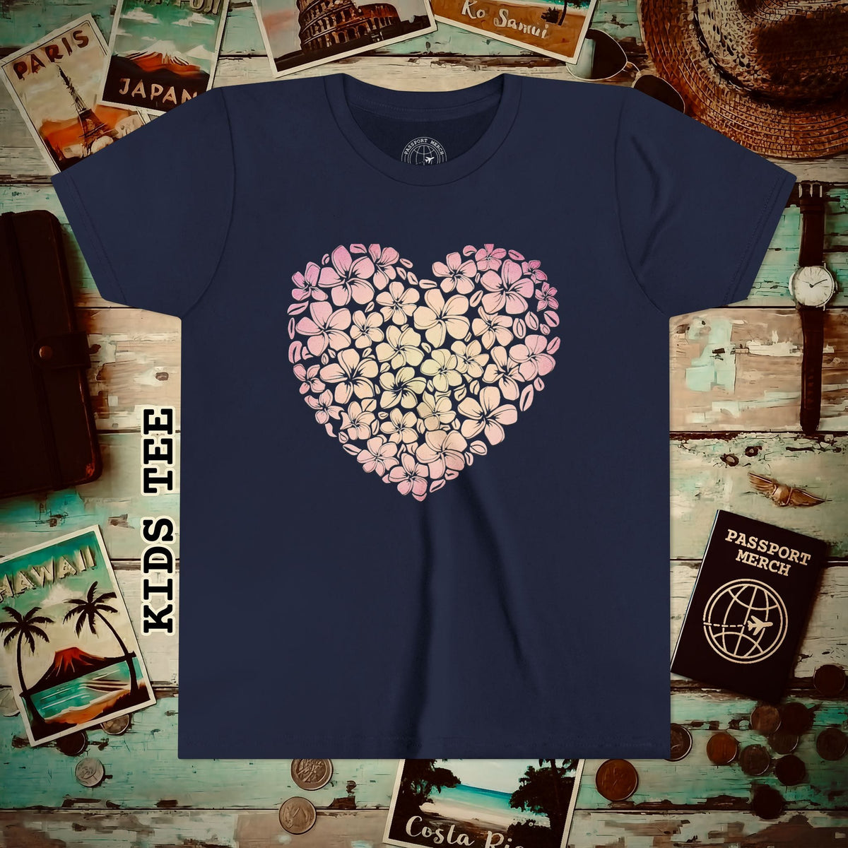 Hawaiian Plumeria Heart Kids Tee Navy / S