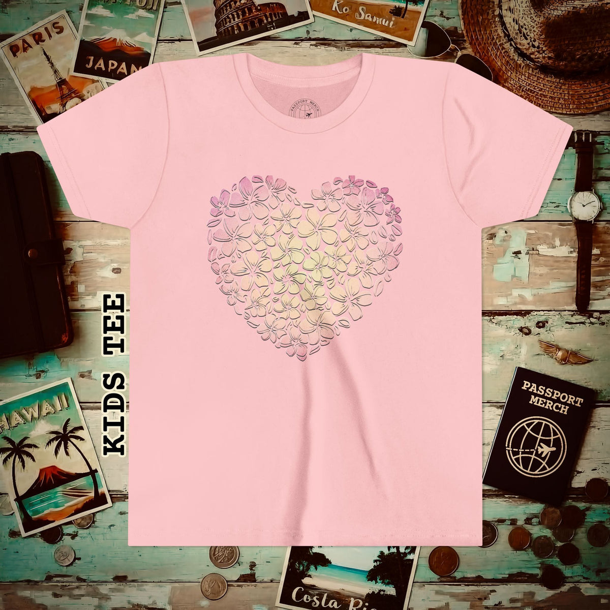 Hawaiian Plumeria Heart Kids Tee Pink / S