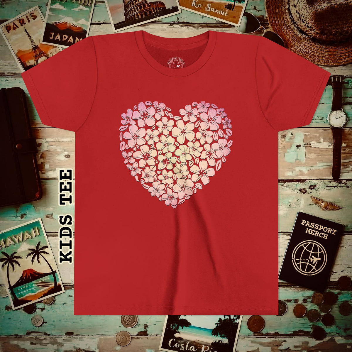 Hawaiian Plumeria Heart Kids Tee Red / S