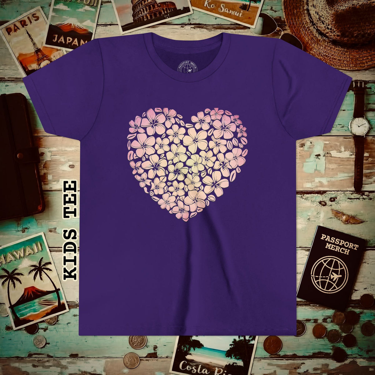 Hawaiian Plumeria Heart Kids Tee Team Purple / S