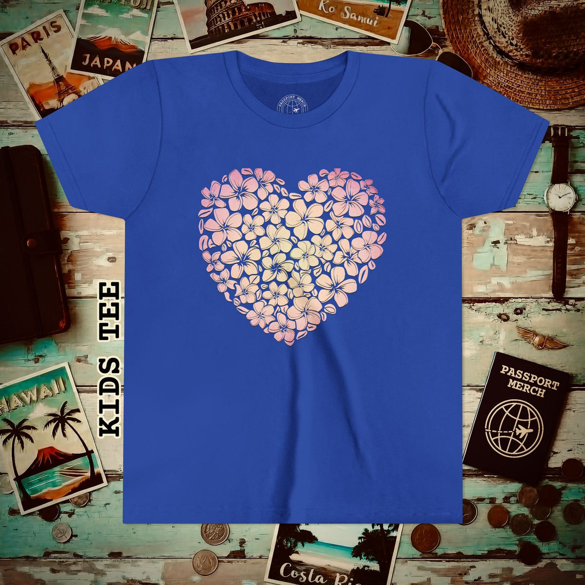 Hawaiian Plumeria Heart Kids Tee True Royal / S