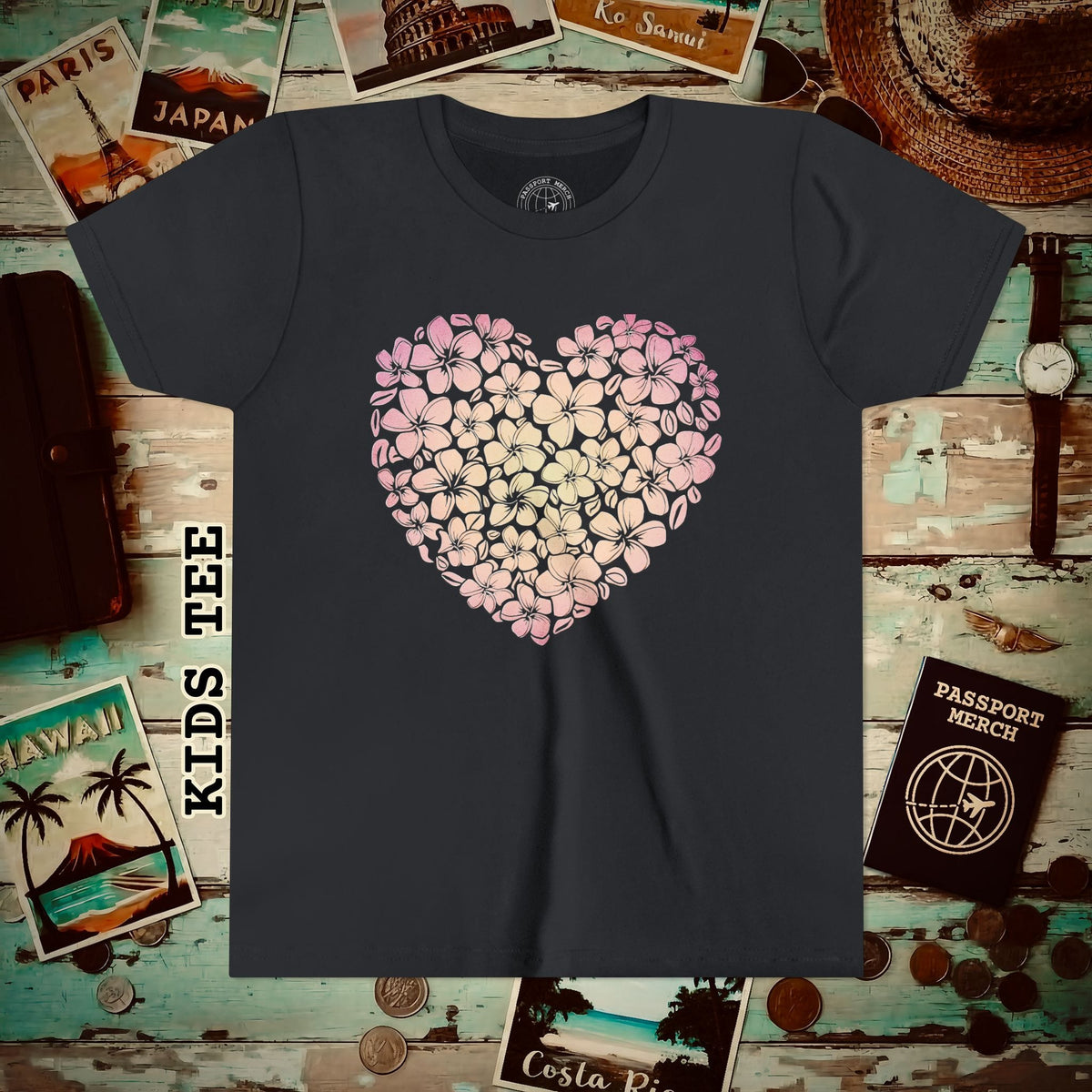 Hawaiian Plumeria Heart Kids Tee Vintage Black / S