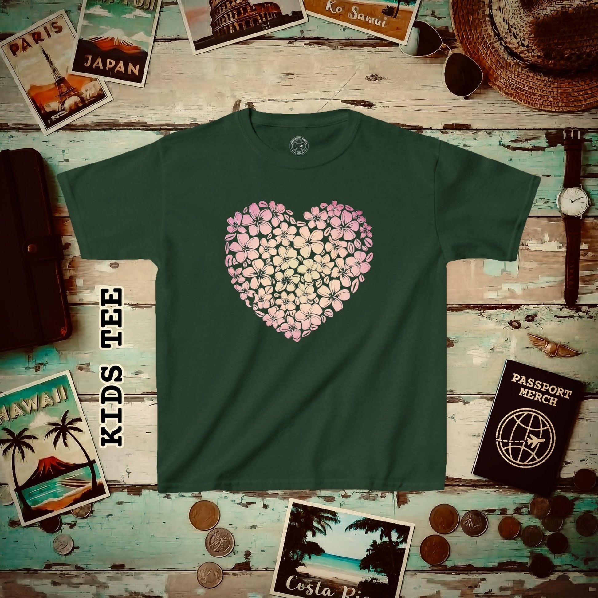 Hawaiian Plumeria Heart Kids Tee XS / Forest Green