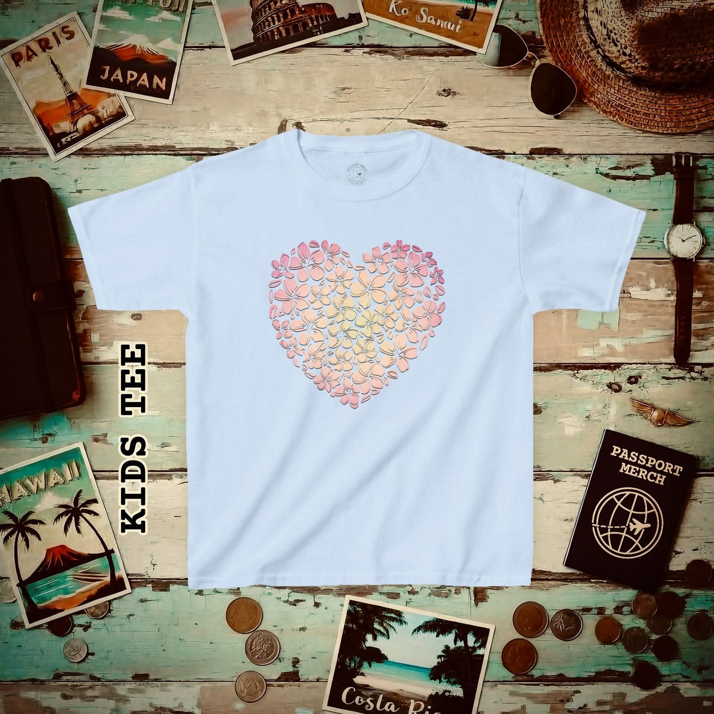 Hawaiian Plumeria Heart Kids Tee XS / Light Blue