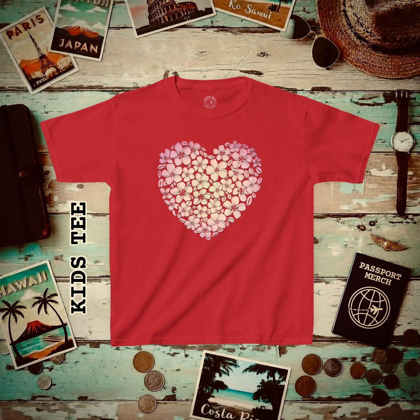Hawaiian Plumeria Heart Kids Tee XS / Red