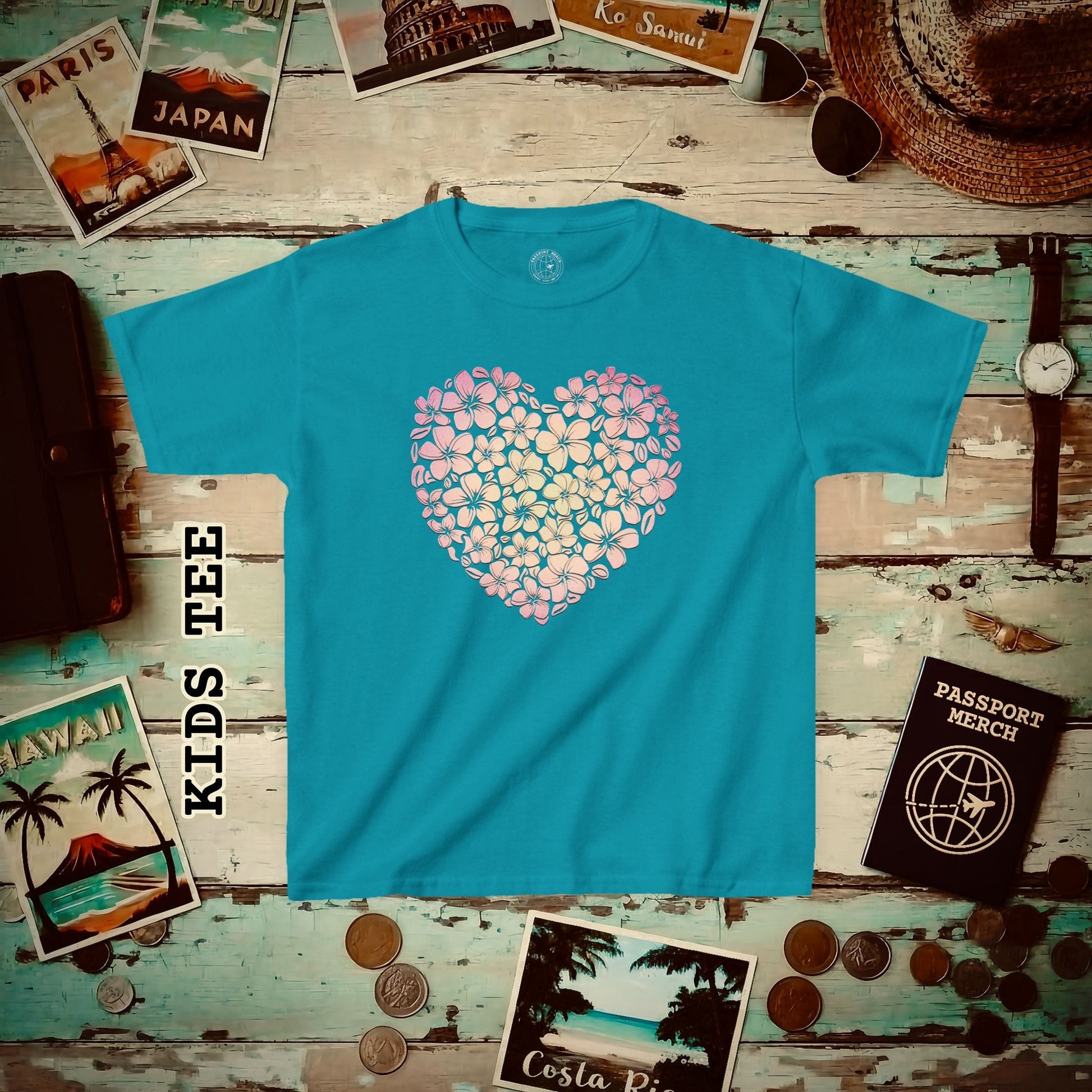 Hawaiian Plumeria Heart Kids Tee XS / Tropical Blue