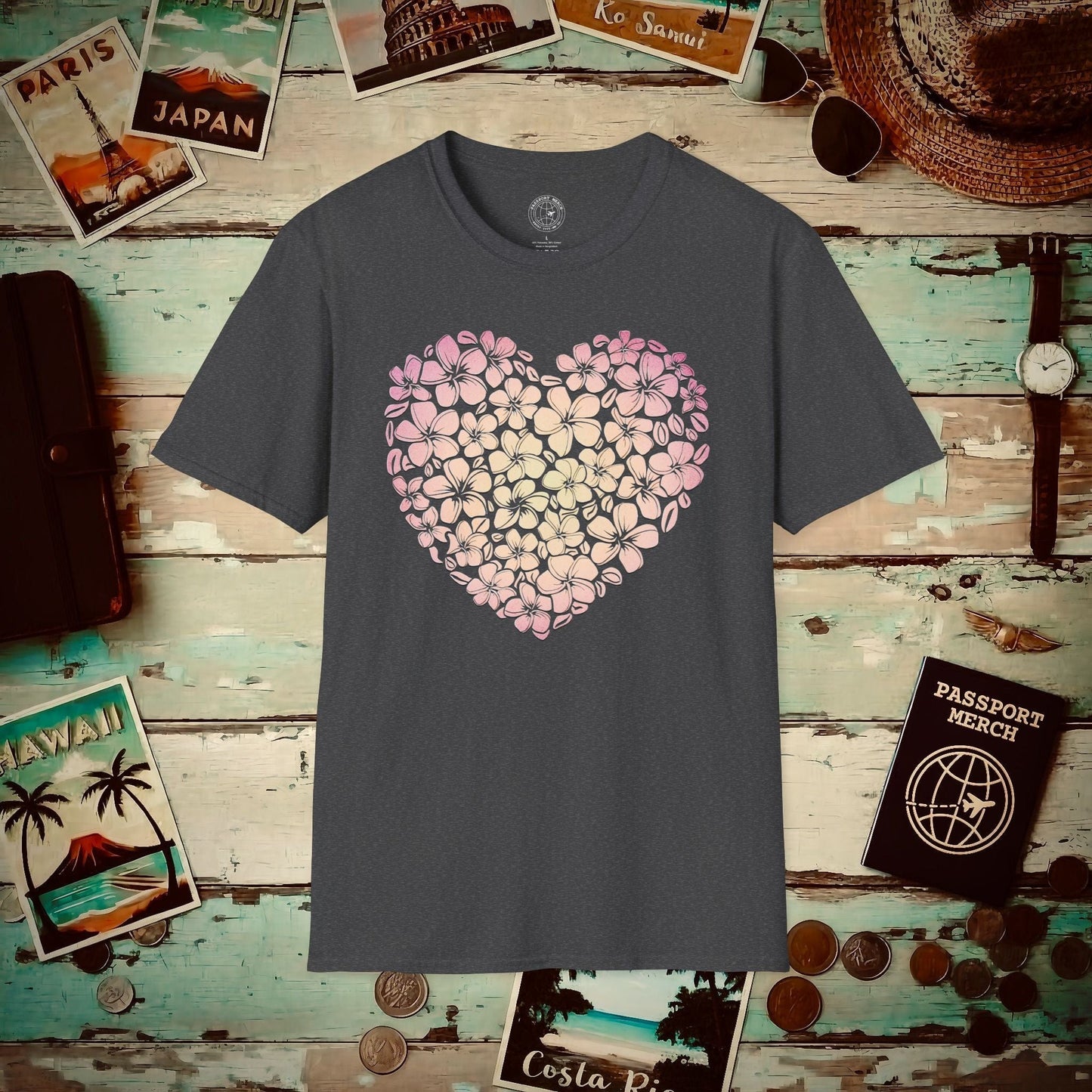 Hawaiian Plumeria Heart T-Shirt Dark Heather / S
