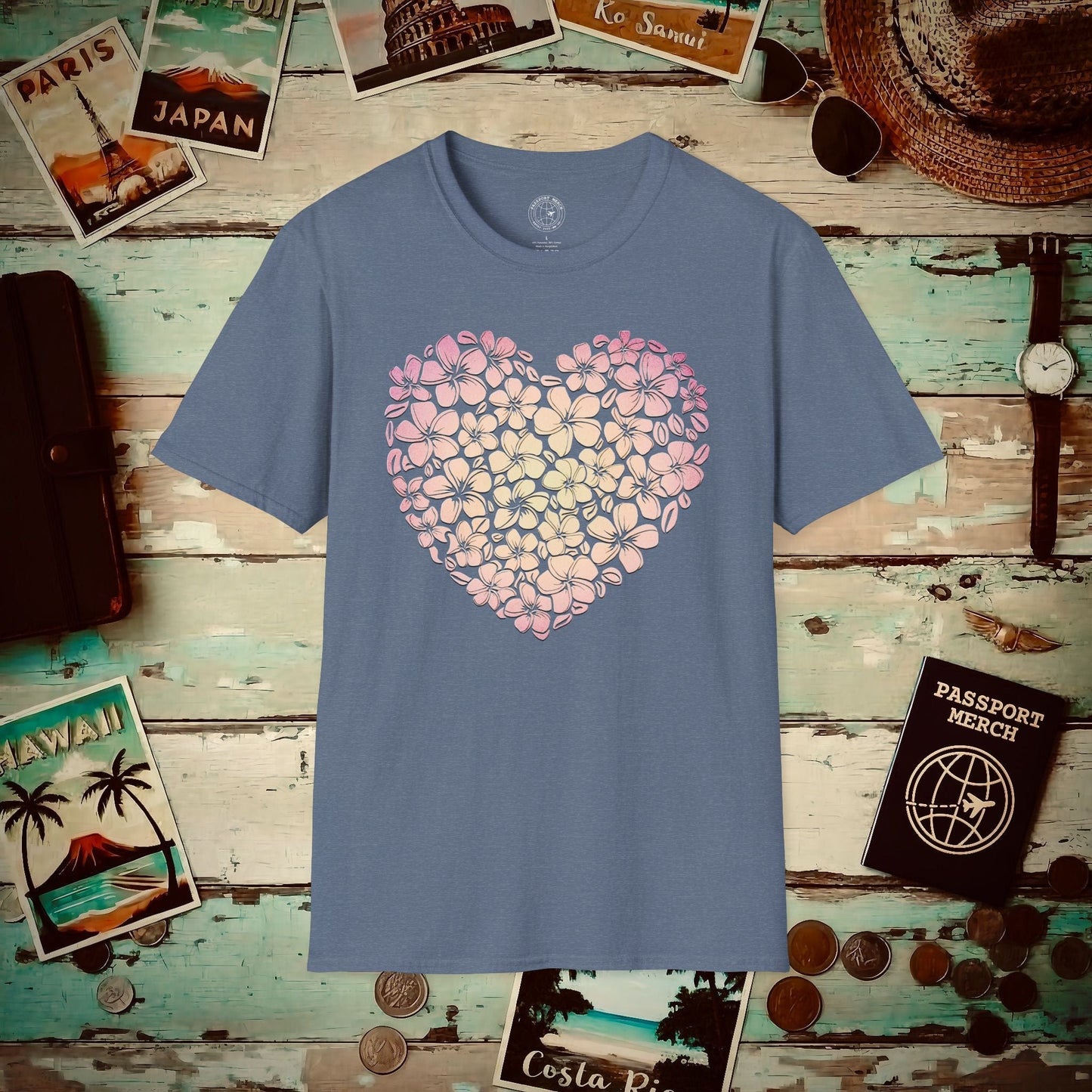 Hawaiian Plumeria Heart T-Shirt Heather Indigo / S