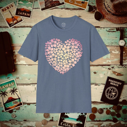 Hawaiian Plumeria Heart T-Shirt Heather Indigo / S