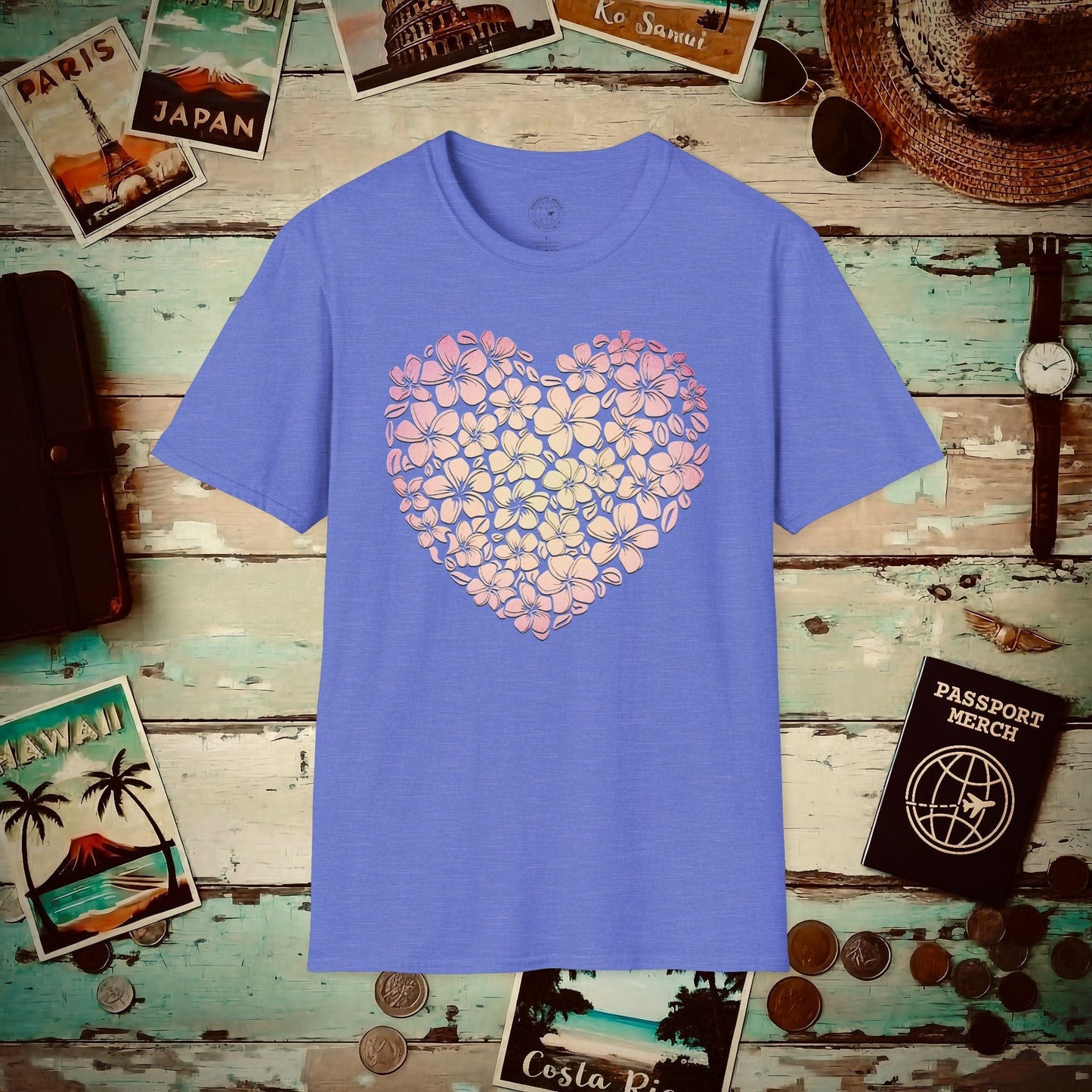 Hawaiian Plumeria Heart T-Shirt Heather Royal / S