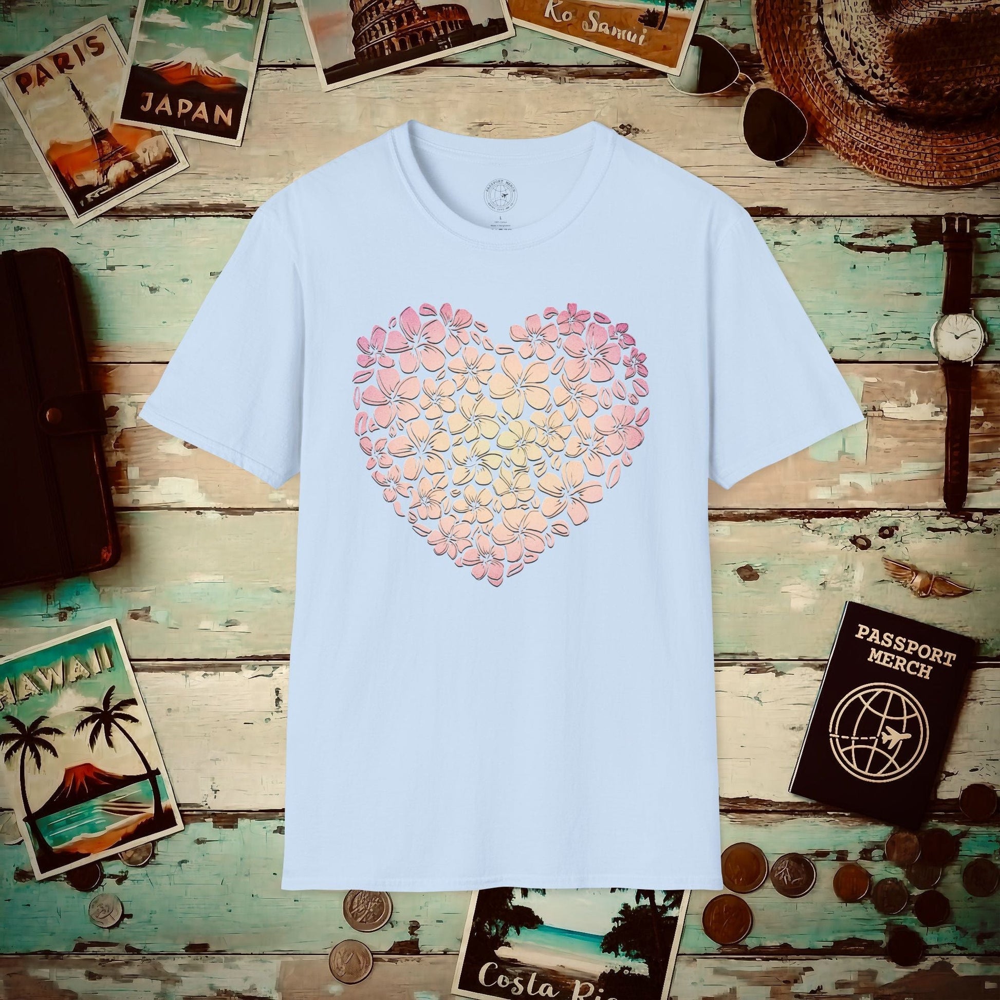 Hawaiian Plumeria Heart T-Shirt Light Blue / S