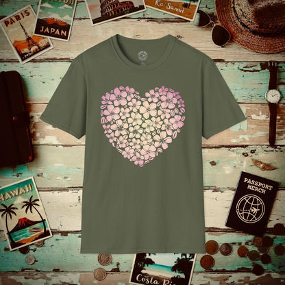 Hawaiian Plumeria Heart T-Shirt Military Green / S